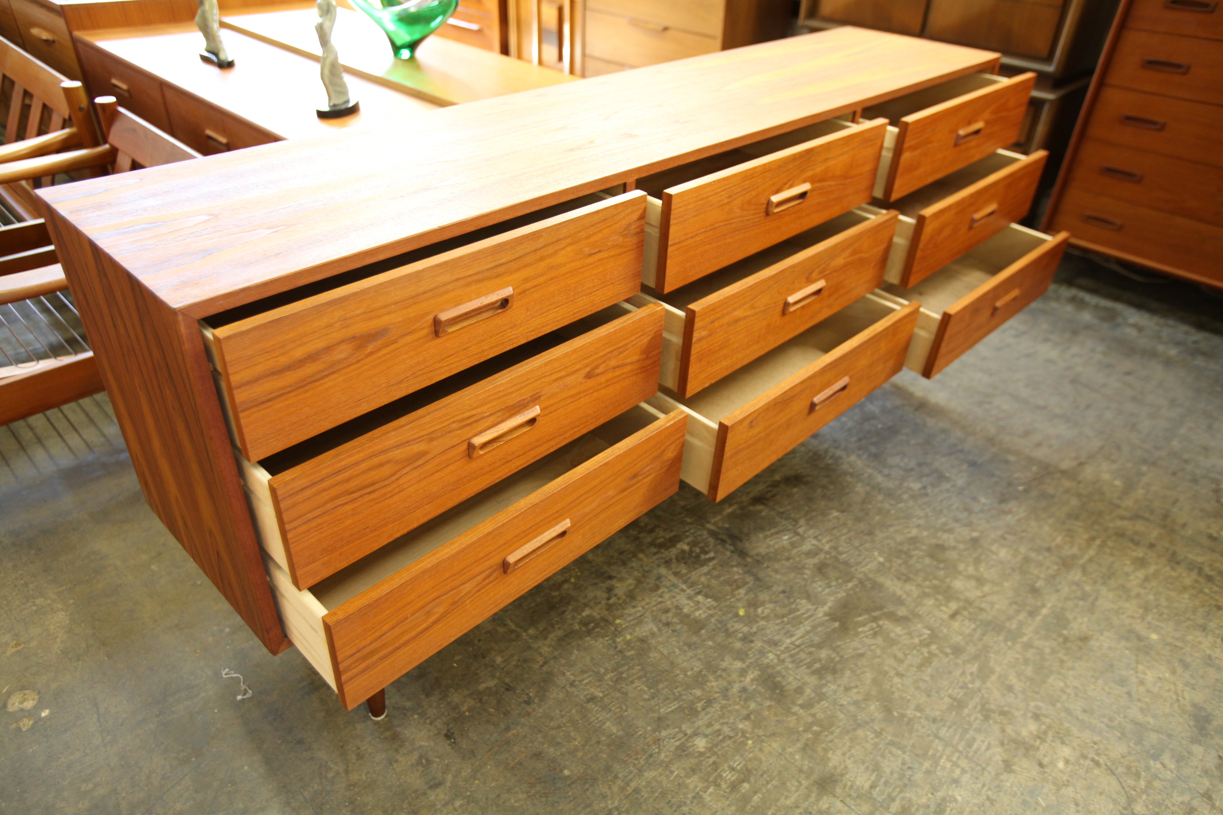 Beautiful Vintage Teak 9 Drawer Dresser (75"W x 16.25"D x 33"H)