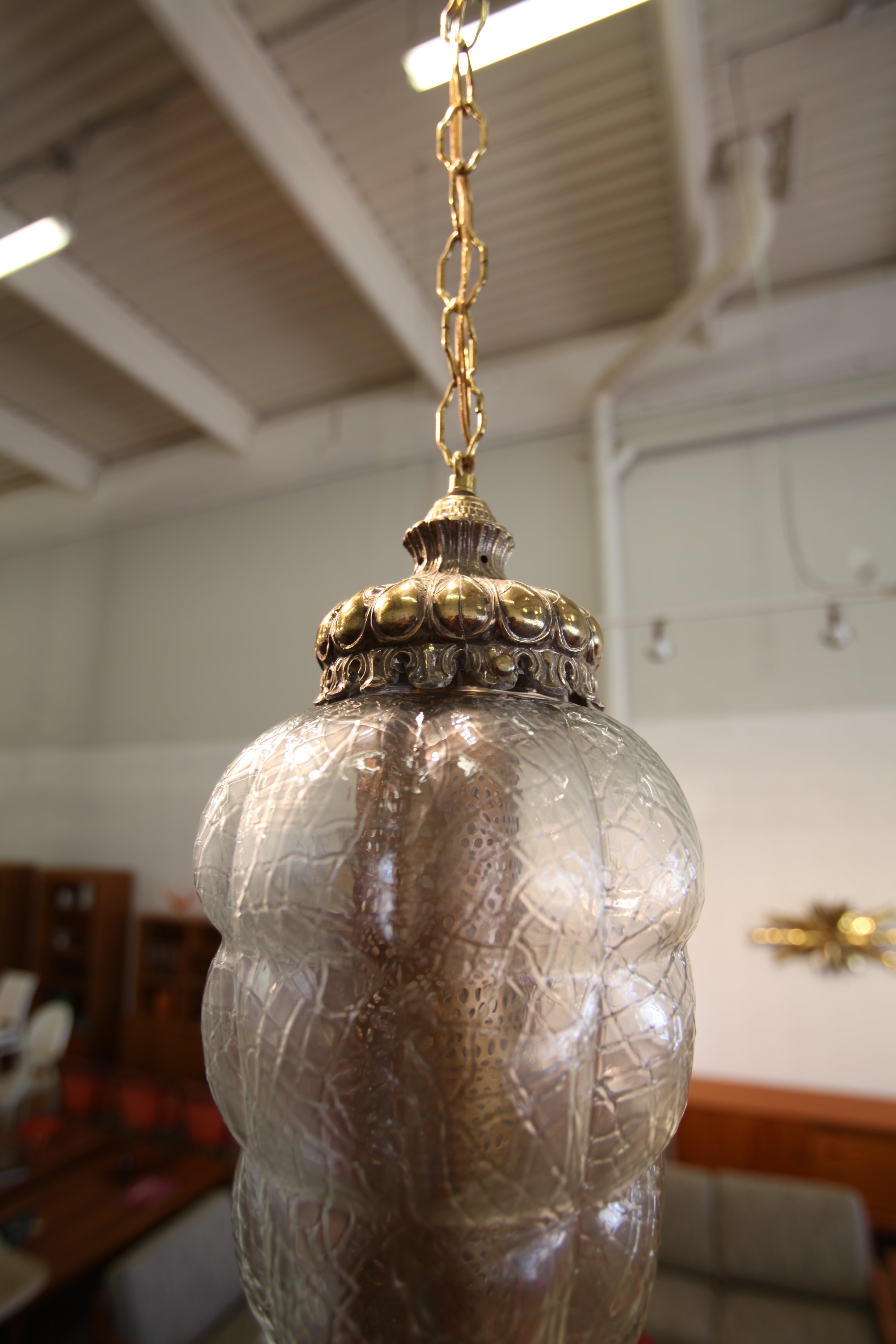 Vintage Glass & Brass Hanging Swag Lamp (19"H x 8"W) w/ Long brass chain