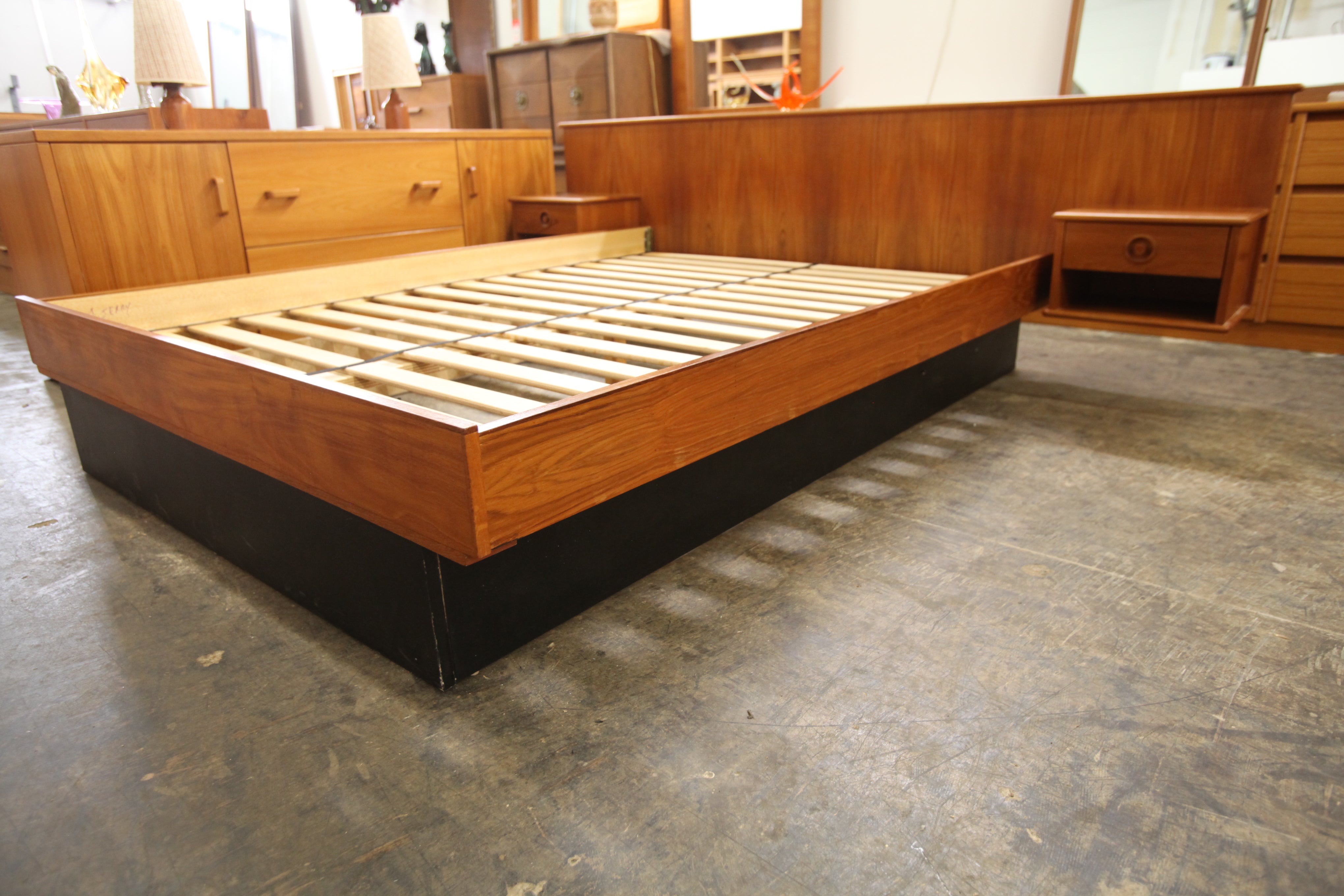 Vintage Teak Queen Size Bed w/ Floating Nightstands (97.5"W x 30"H)