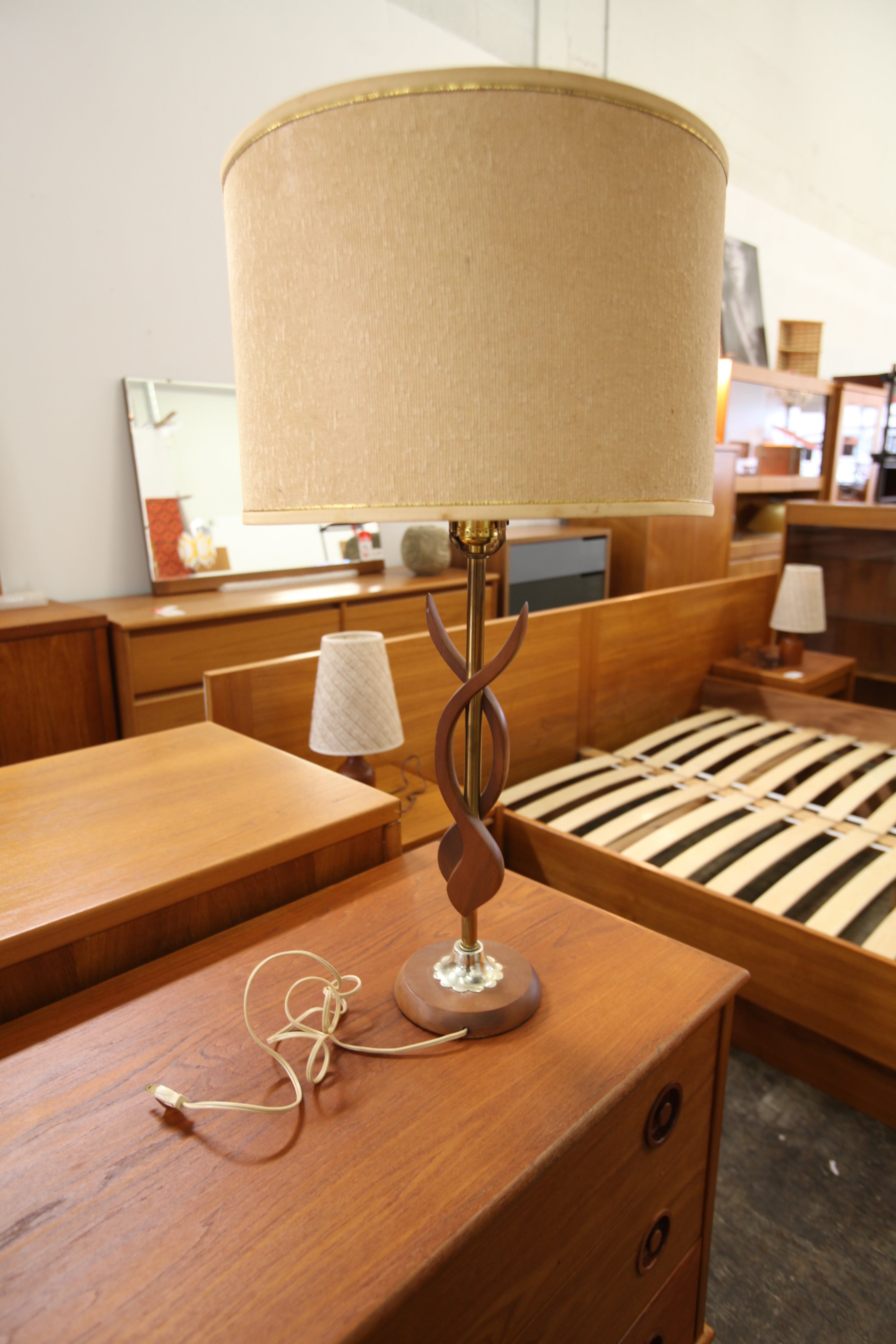Vintage Walnut Wood Table Lamp (15" Dia x 28.75"H)
