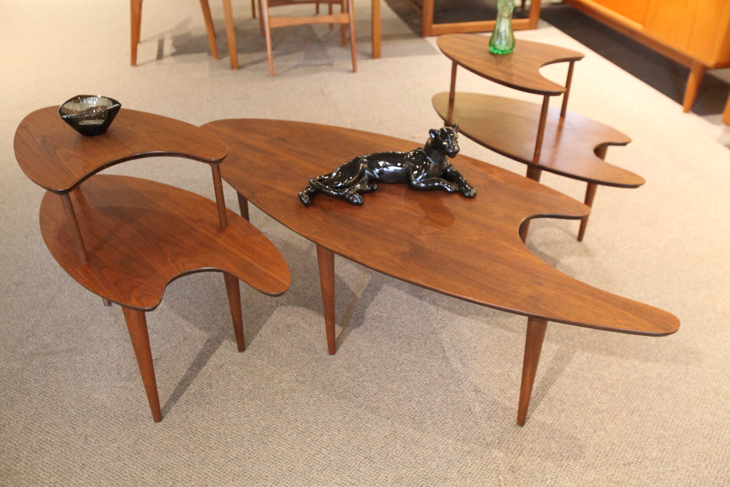Vintage Walnut Boomerang Coffee Table / End Tables Set (3 Pieces)