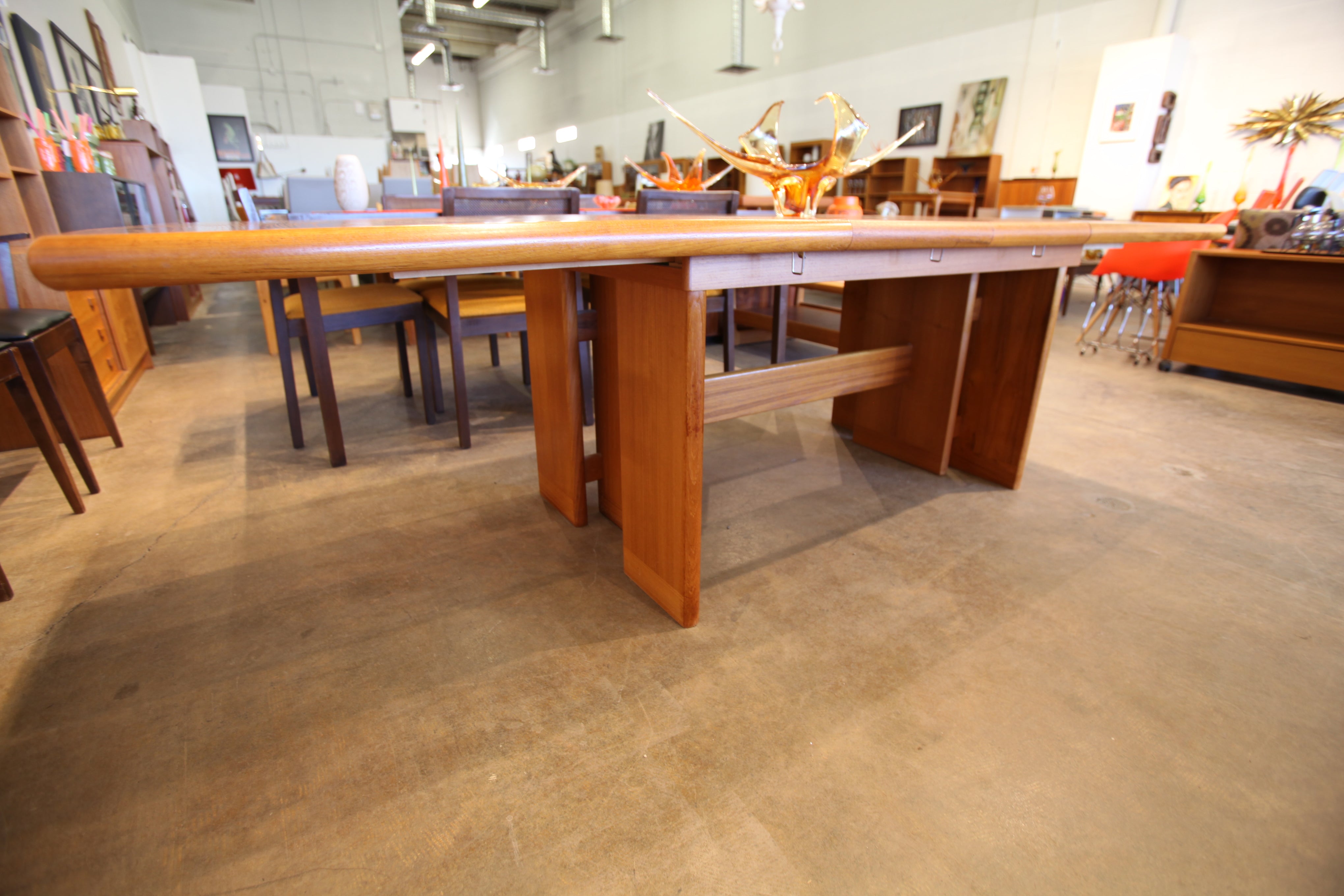 Large Vintage Teak Dining Table w/ 2 Leafs and Unique Base Design