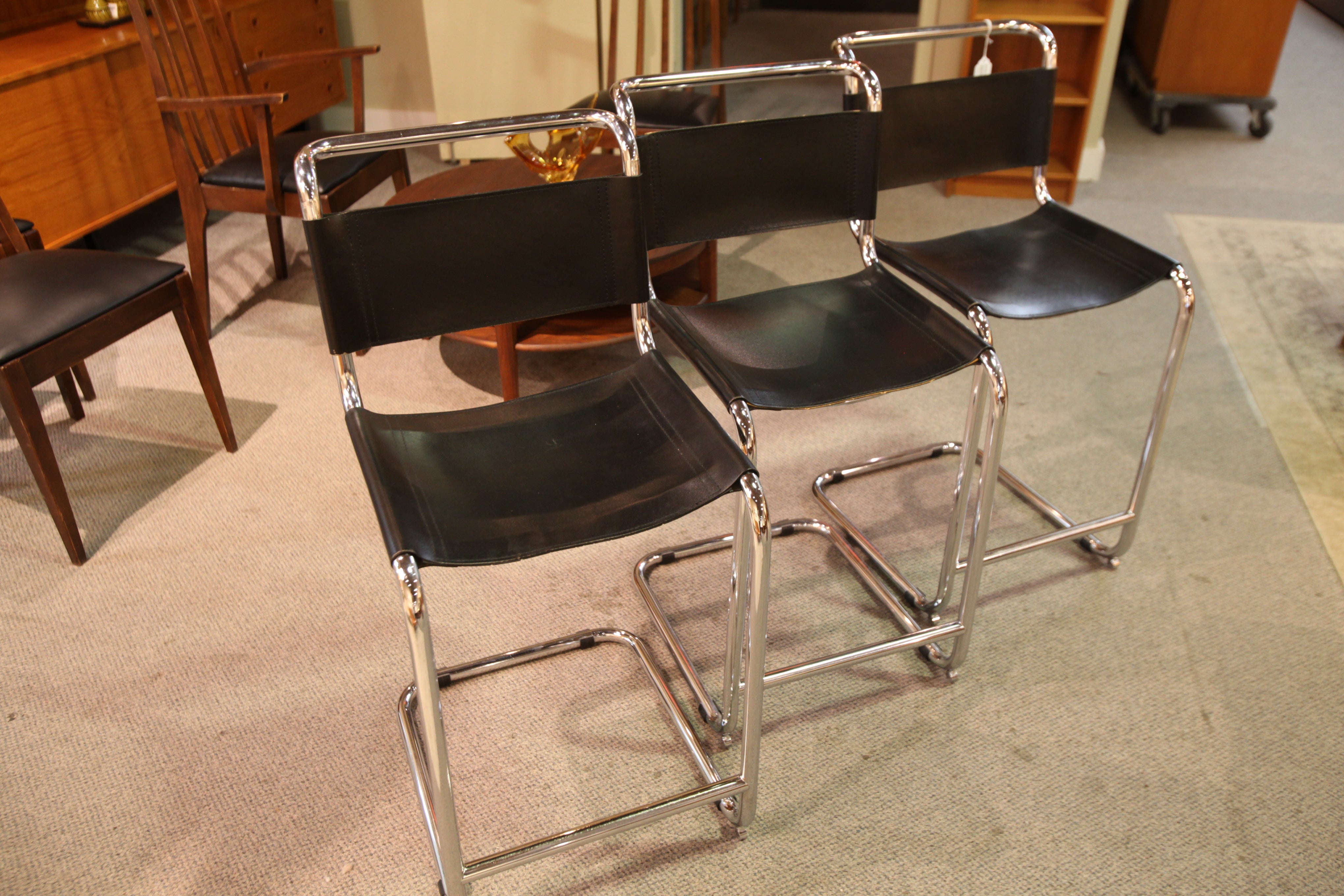 Set of 3 Marcel Breuer Style Leather / Chrome Stools  (seat 23"H)