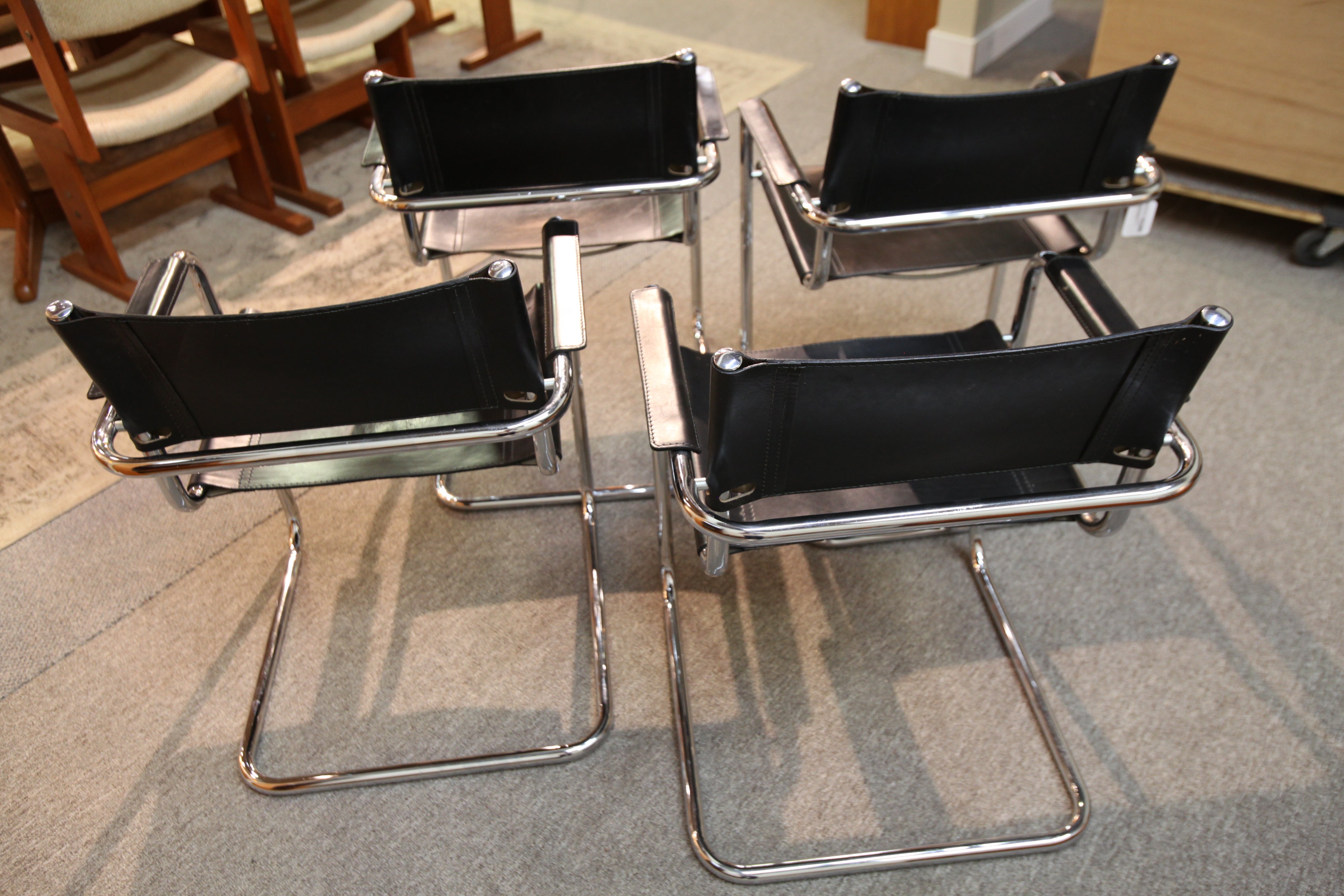 Set of 4 Marcel Breuer Style Leather / Chrome Chairs (Seat 17"H)