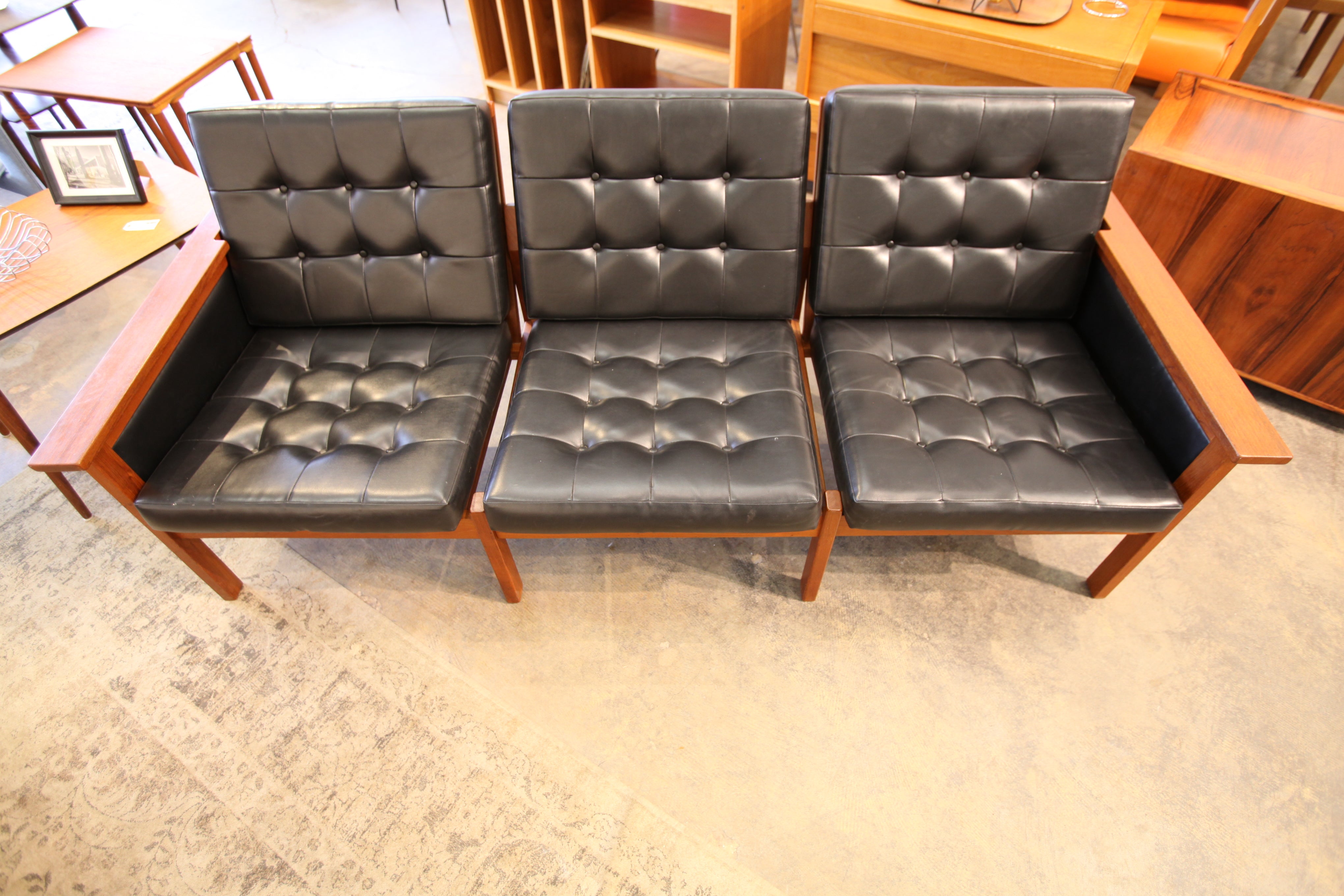 Rare Vintage Danish Teak 3 Seater Sofa - Leatherette Fabric (74.5"W x 30"D x 28.5"H)