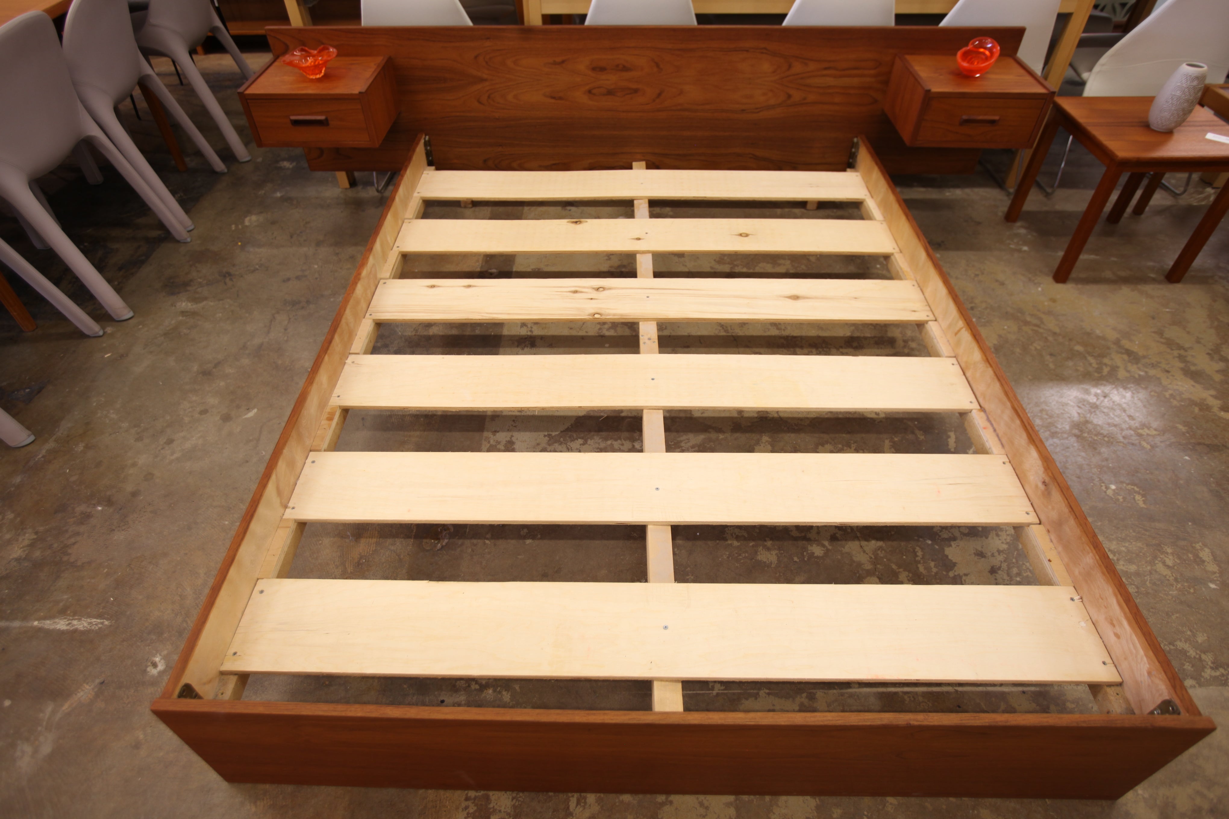 Vintage Teak Queen Bed w/ Floating Nightstands (96.25"W x 25.75"H x 81.5"D)