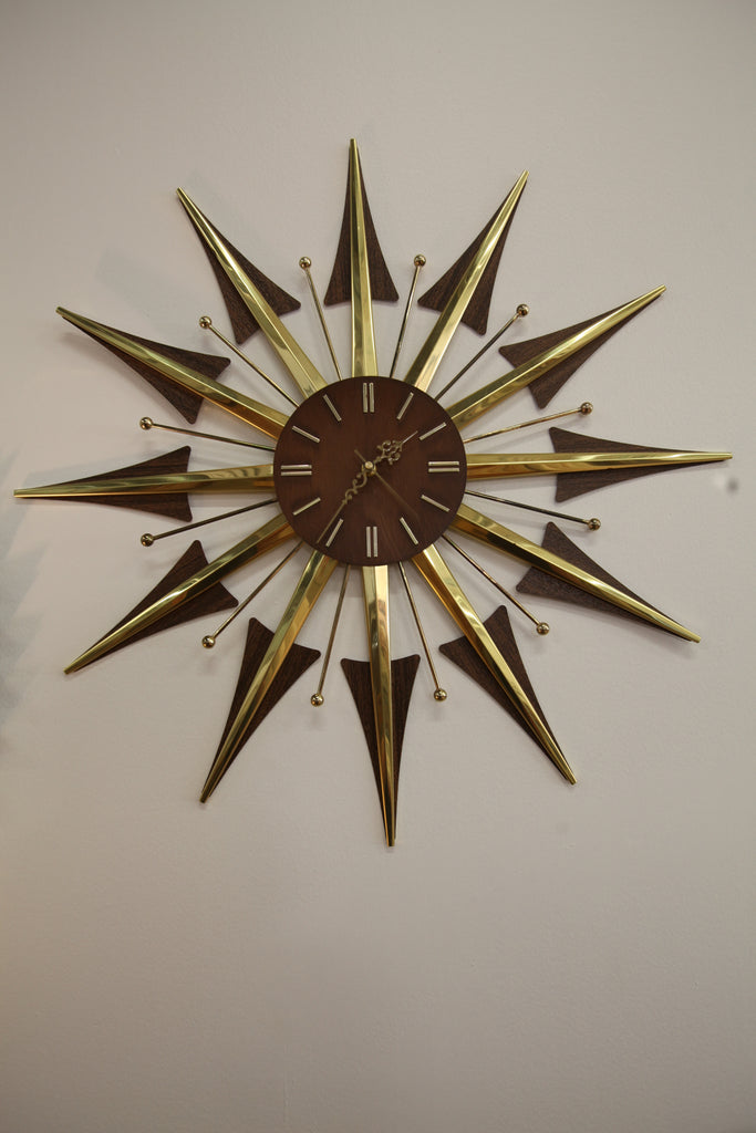 Vintage Brass and Wood Starburst Clock (28" Dia)