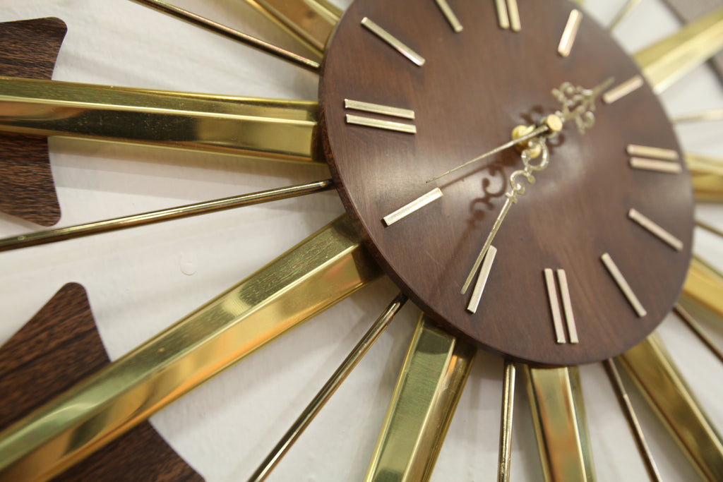 Vintage Brass and Wood Starburst Clock (28" Dia)