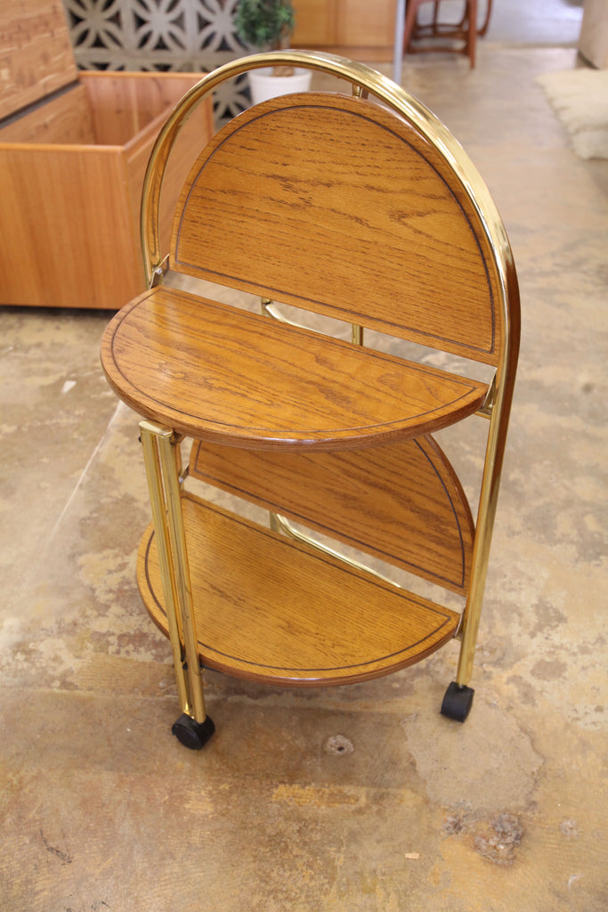 Vintage Round Wood/Brass Foldable Bar Cart (21.25"W x 32.75"H)