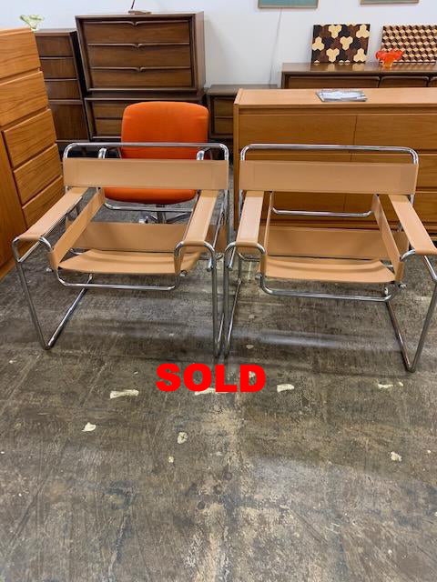 Vintage Tan Leather Marcel Breuer Wassily Style Chairs