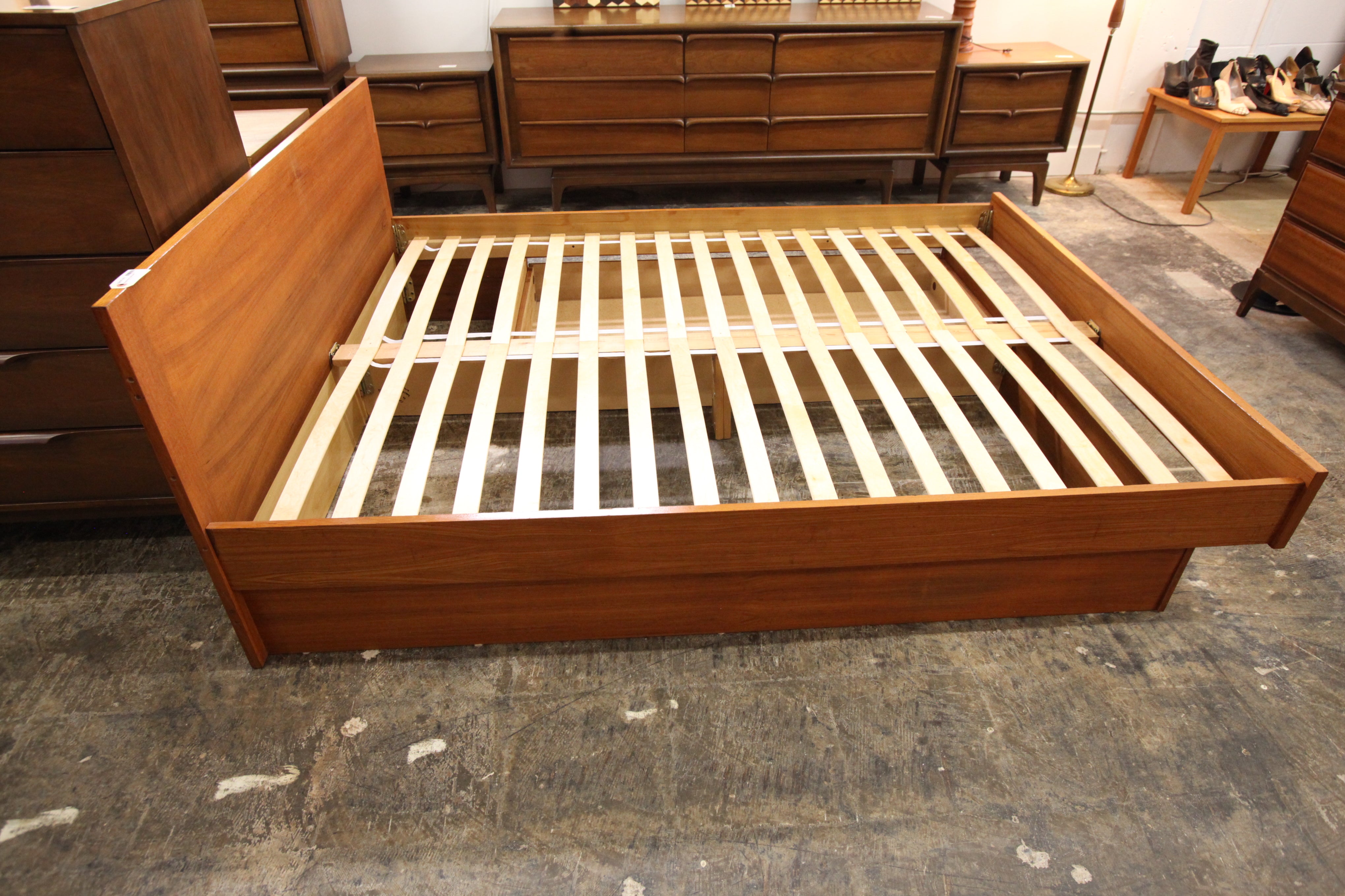Vintage Queen Teak Bed w/ Pullout Drawer (62.5"W x 31.75"H x 82"D)