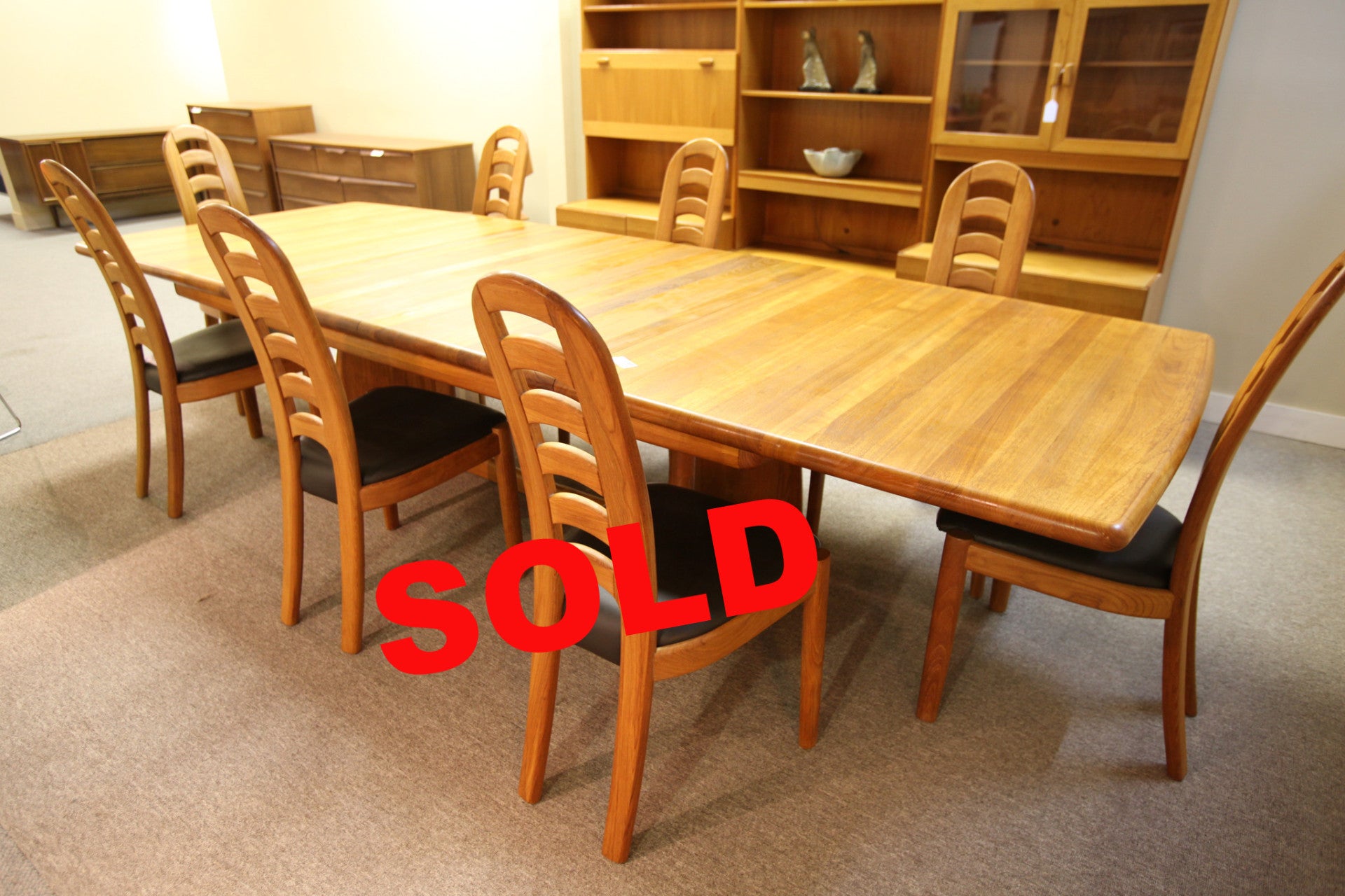 Scandia Teak Dining Table and 8 Chairs (2 leafs) 130"Lx47"W