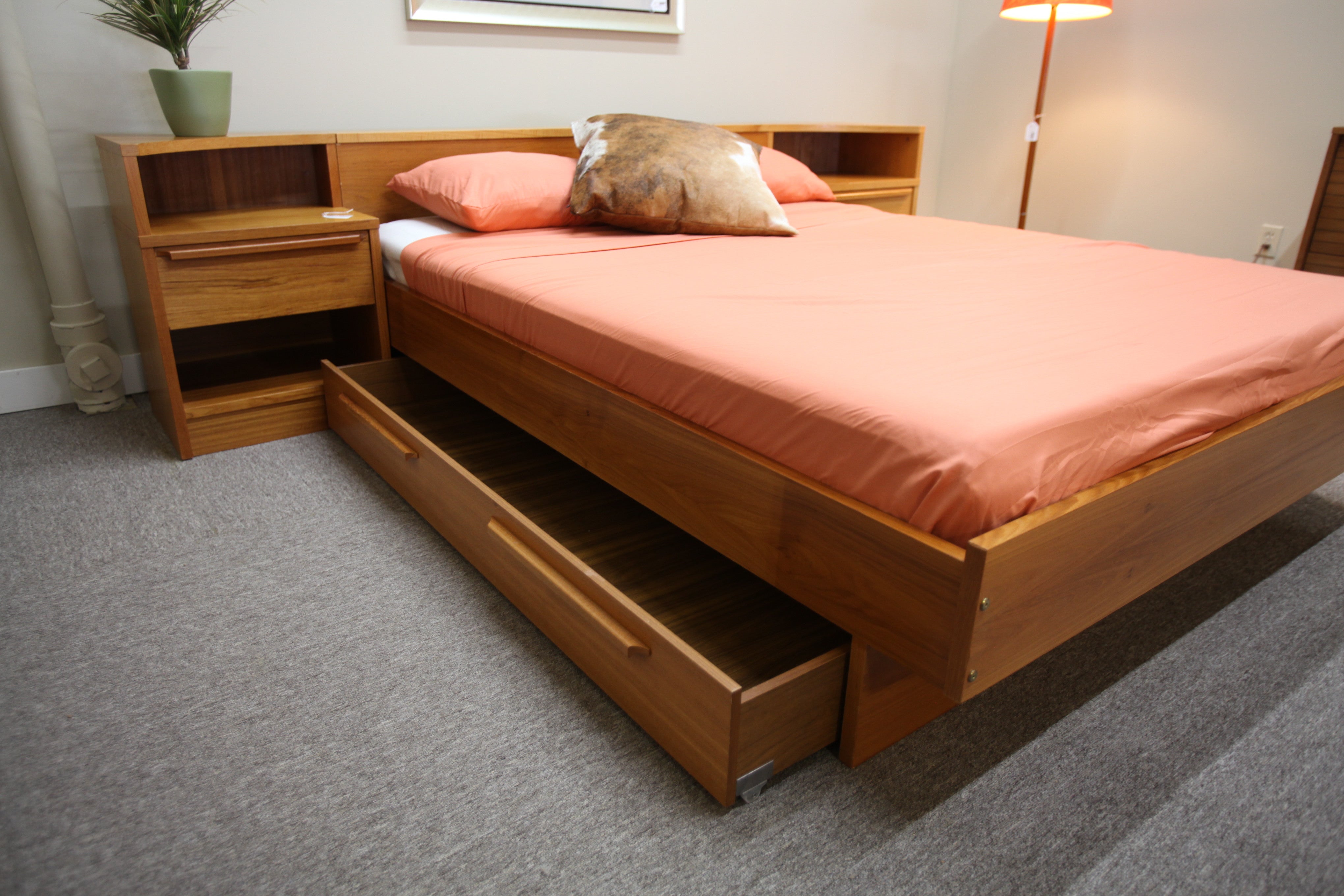 Teak Queen bed with pull out drawers