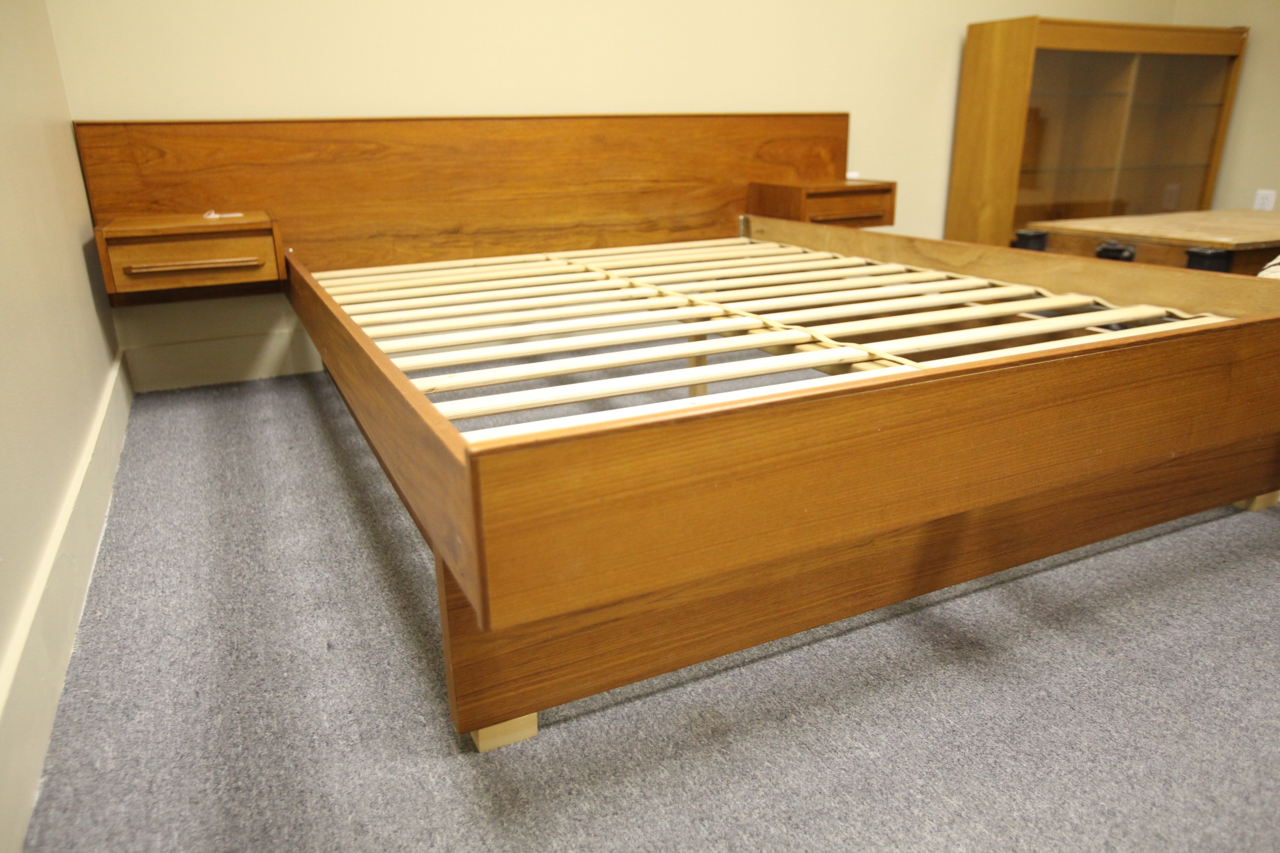 Queen Floating Teak Bed with attached Night Stands