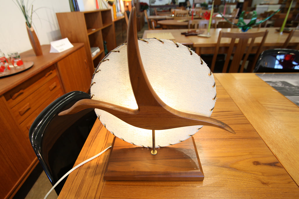 Unique Vintage Teak Bird Back Lit Lamp (15"W x 13.25"H)
