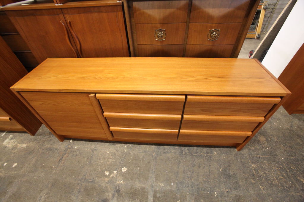 Vintage Teak 6 drawer Dresser w/ Side Cupboard (74"W x 17.75"D x 30"H)