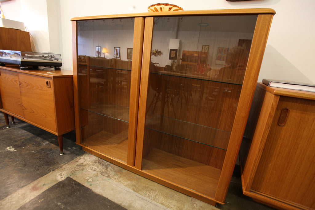Vintage Teak Hutch Cabinet with Glass Doors (48"W x 13"D x 42.5"H)