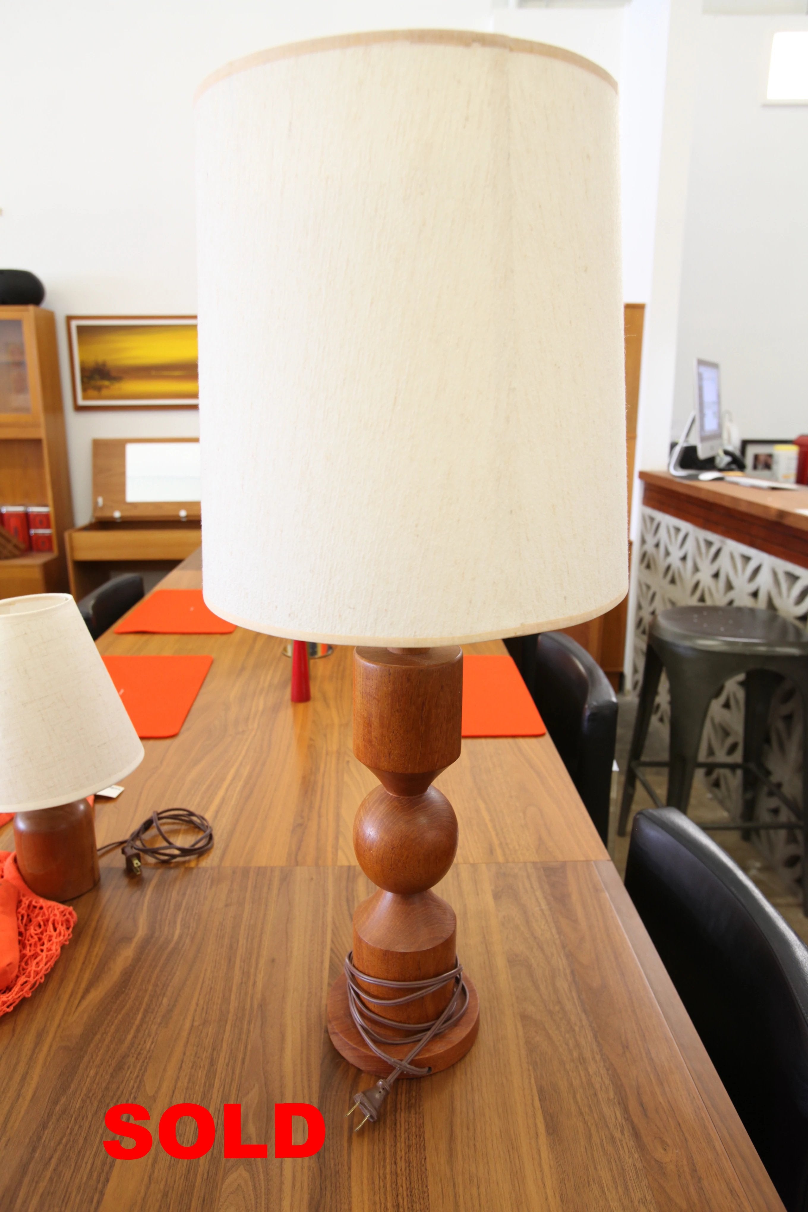 Vintage Teak Table Lamp (32"H x 14" Dia.)