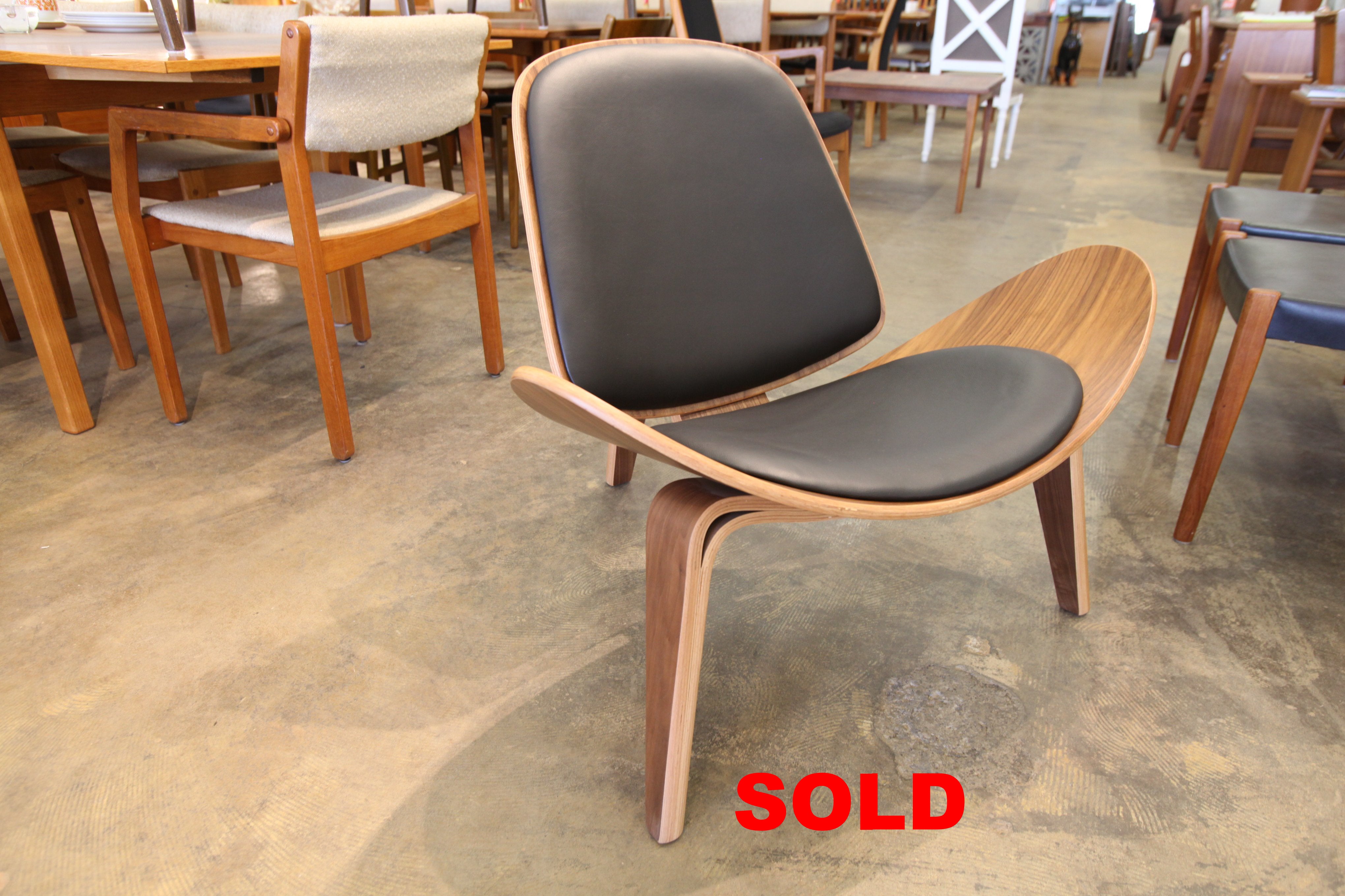 Hans Wegner Replica Shell Chair / Black Leather (34.75"W x 30"H x 32"D)