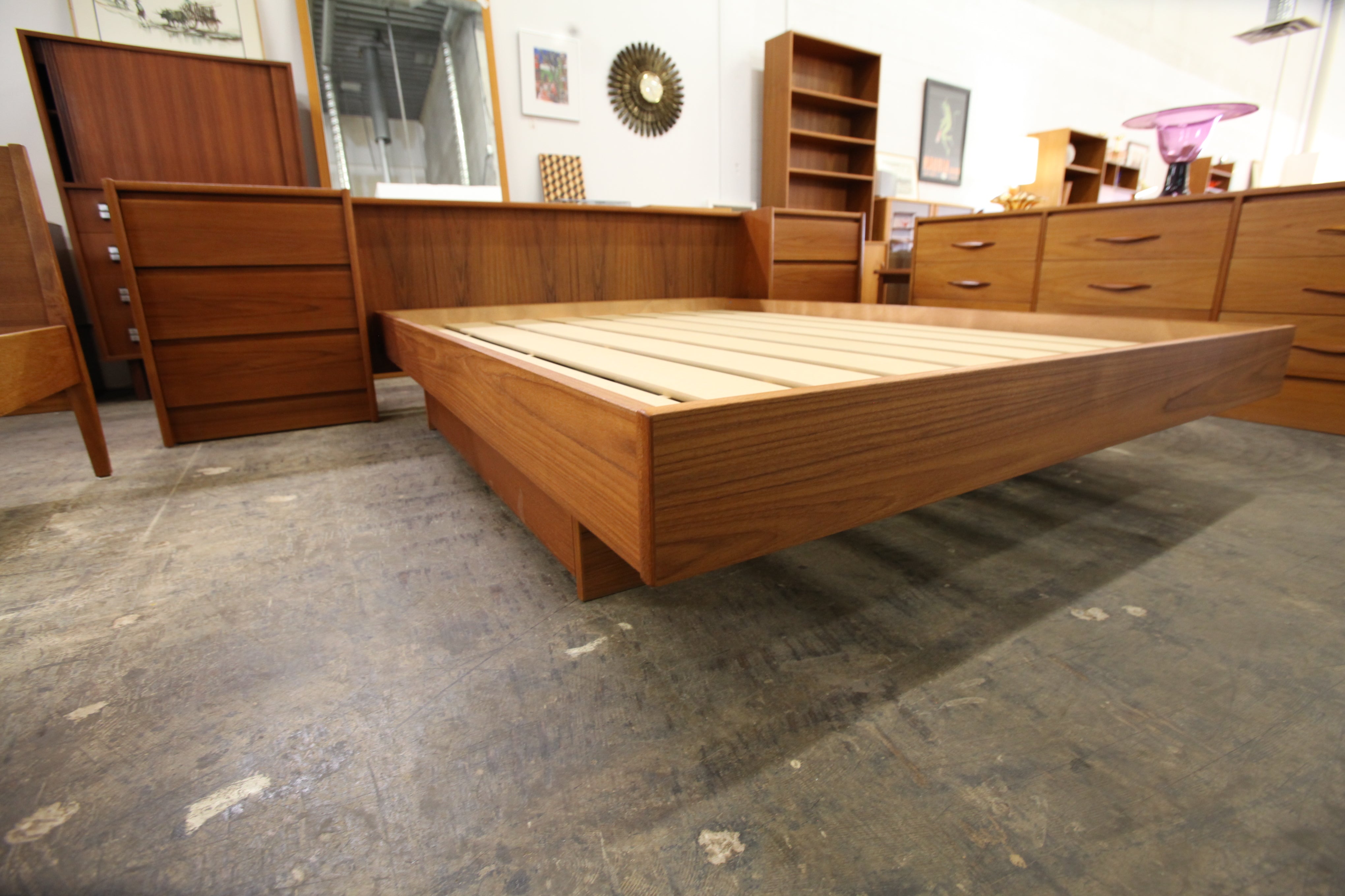 Vintage Teak Queen Size Bed with Night Stands (114"W x 30"H x 90"D)