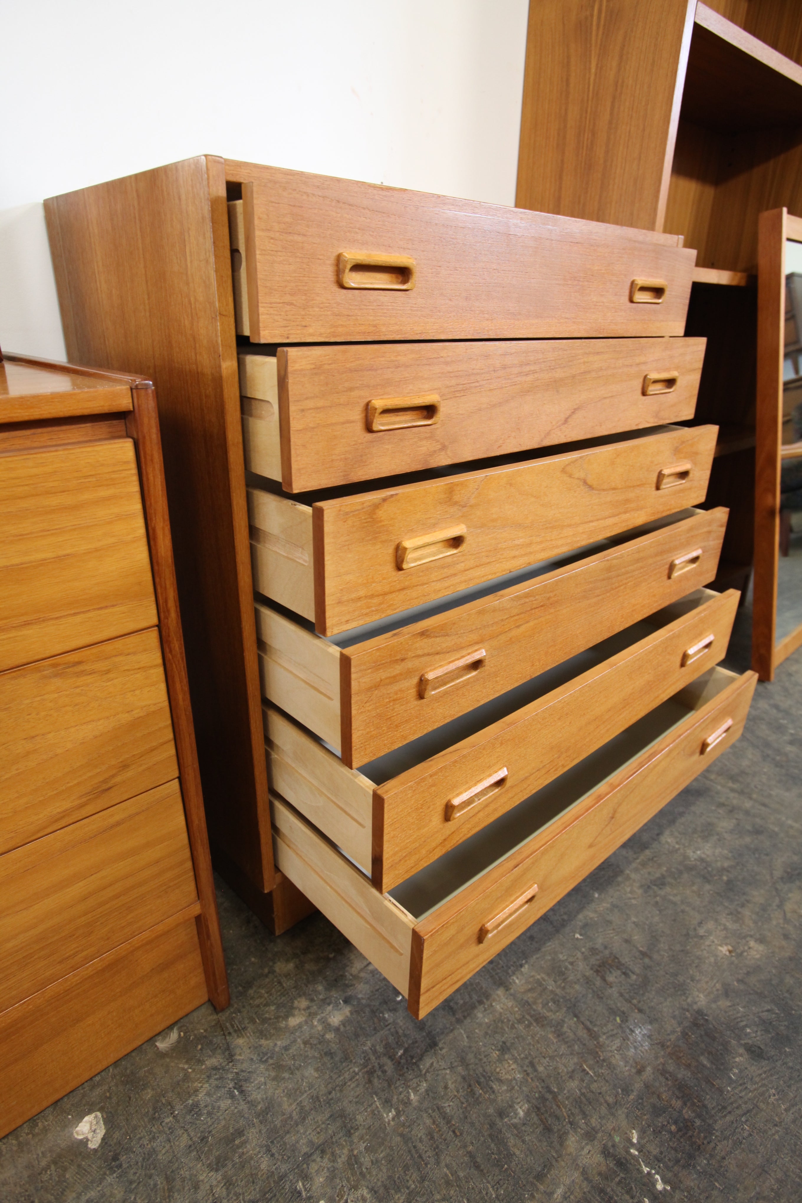 Vintage Teak 6 Drawer Tallboy Dresser (31"W x 15.5"D x 35.25"H)