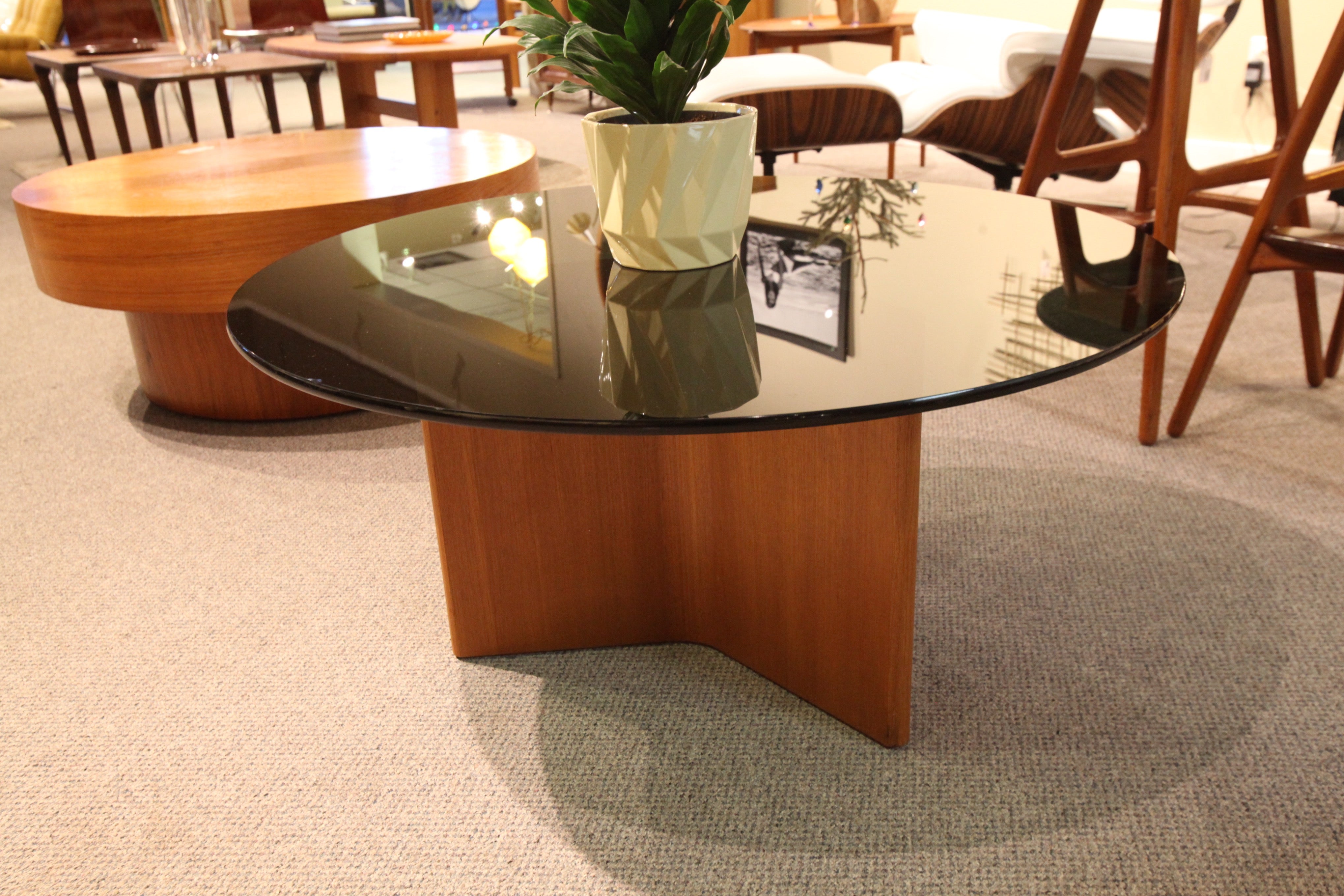 Round Teak/Glass coffee table (35.5" x 17.25'H)