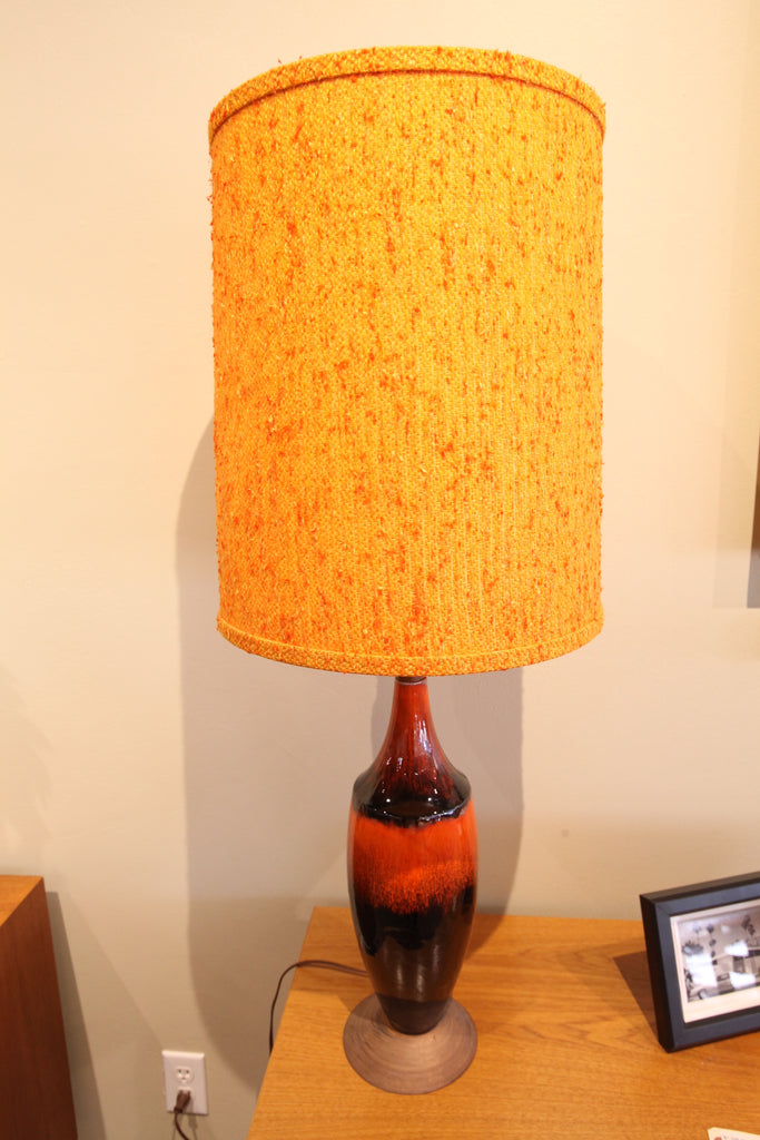 Rare Blue Mountain Pottery Lamp (Orange Colour) w/wood base (37"H)