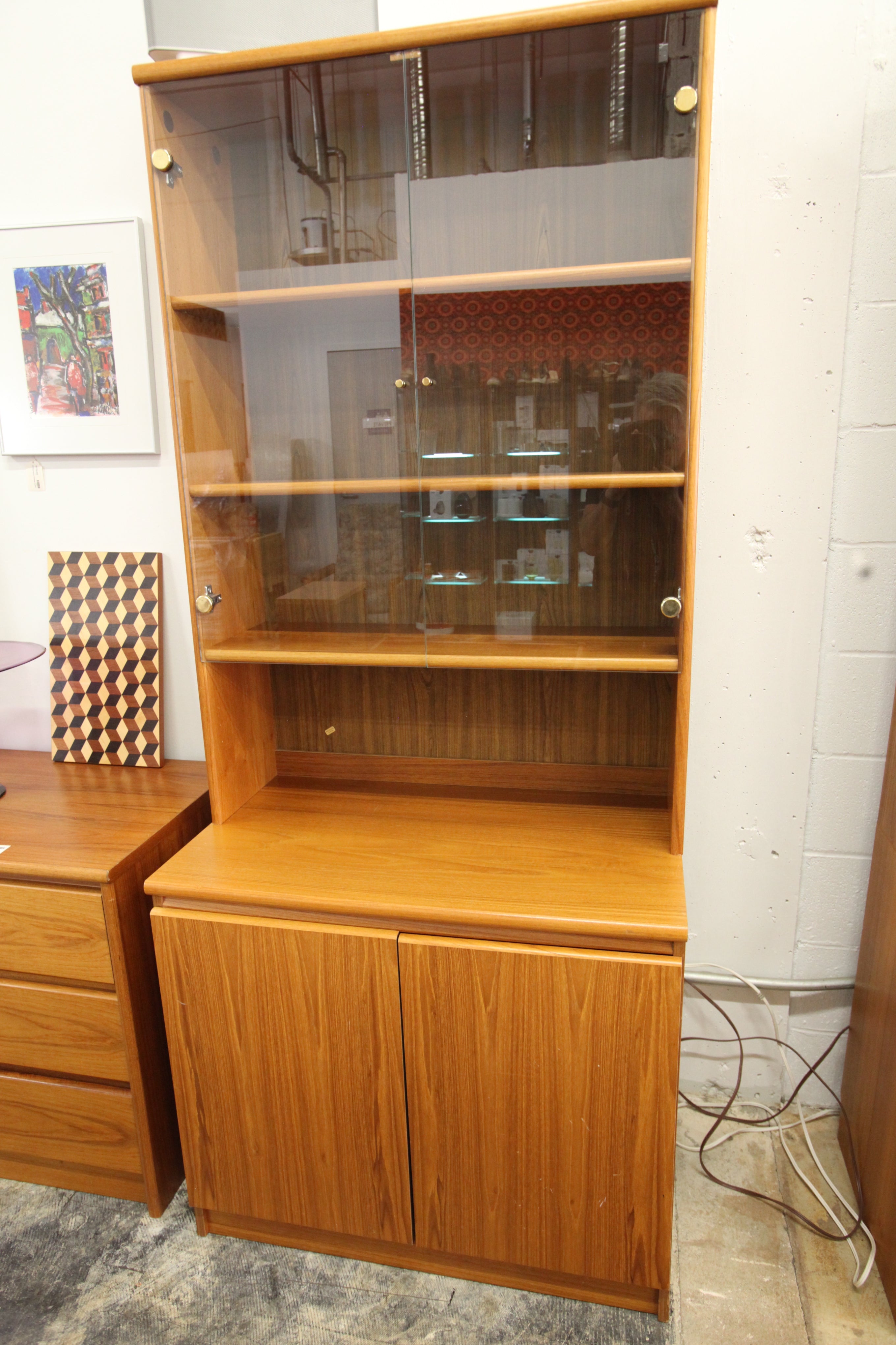 Vintage Teak 2 Piece Cabinet w/ Glass Top (33.25"W x 20"D x 77"H)