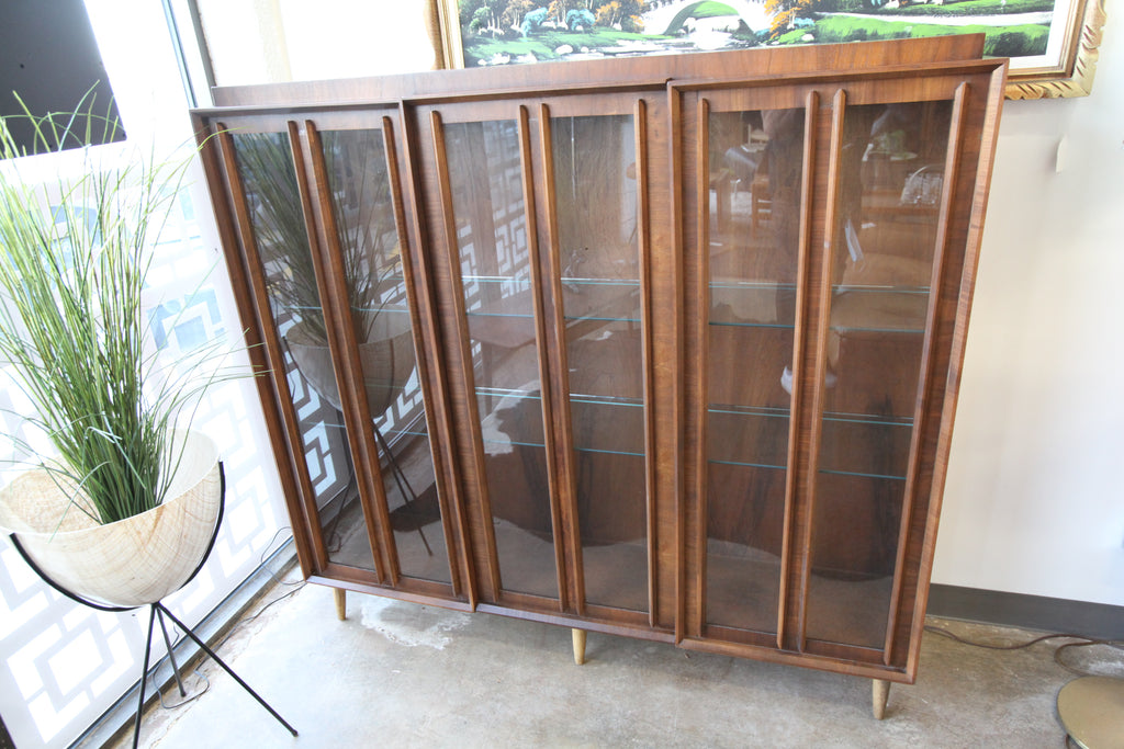 Vintage Walnut Cabinet w/ Glass Doors (59.75"W x 55.75"H x 13.75"D)
