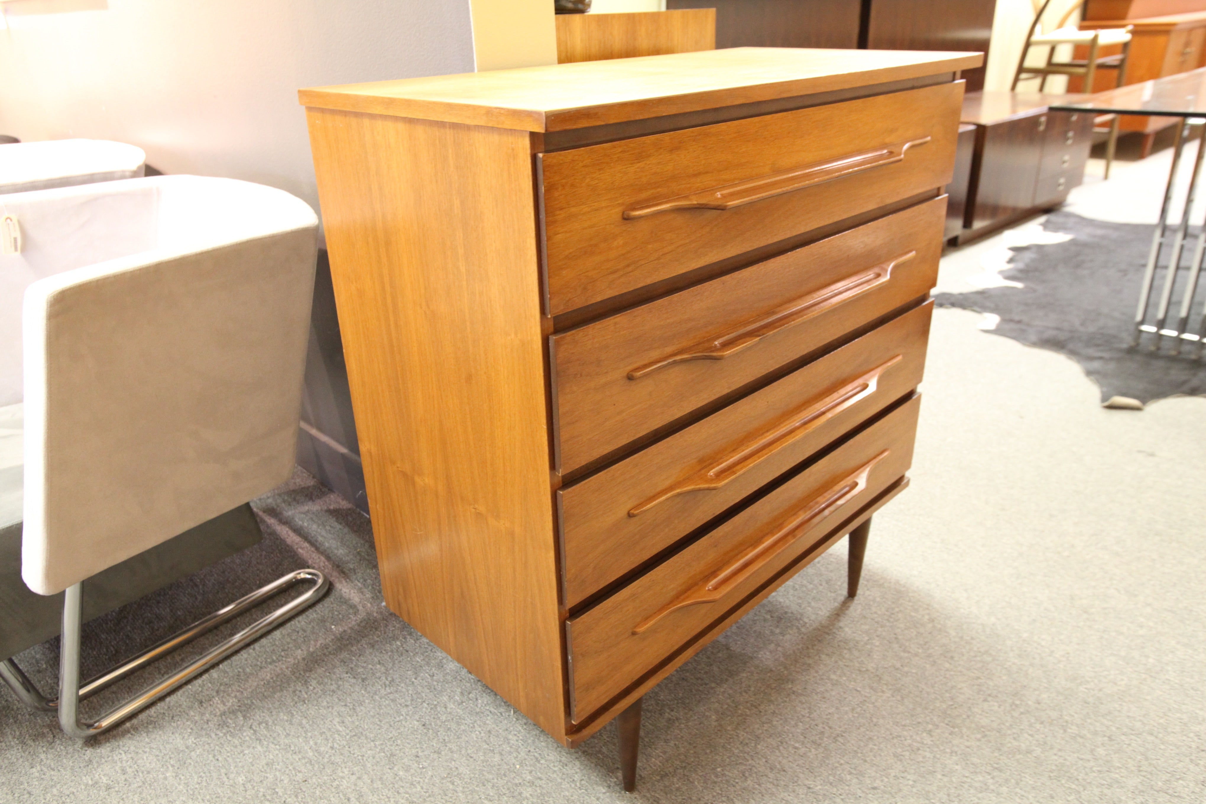 Mid century Walnut Tall Boy 4 Drawer Dresser (34" x 17" x 36.5"H)