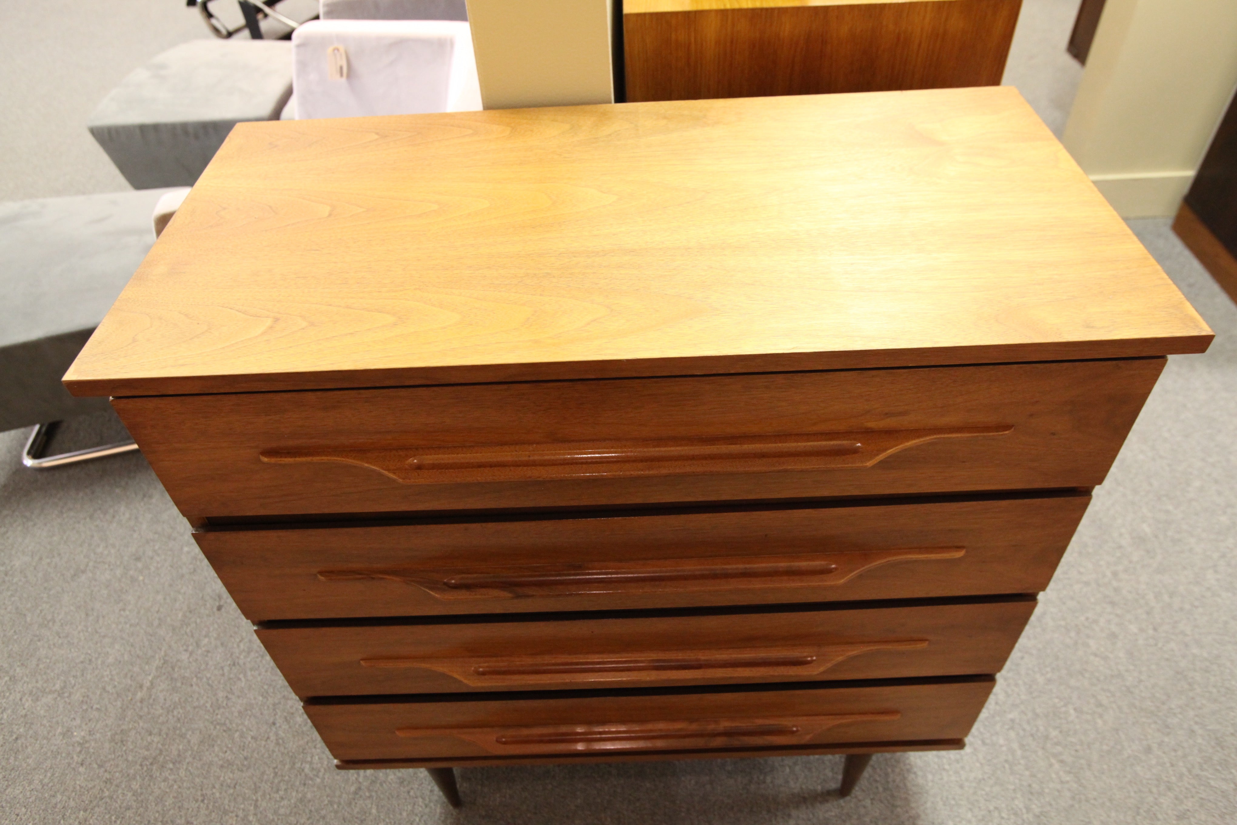 Mid century Walnut Tall Boy 4 Drawer Dresser (34" x 17" x 36.5"H)