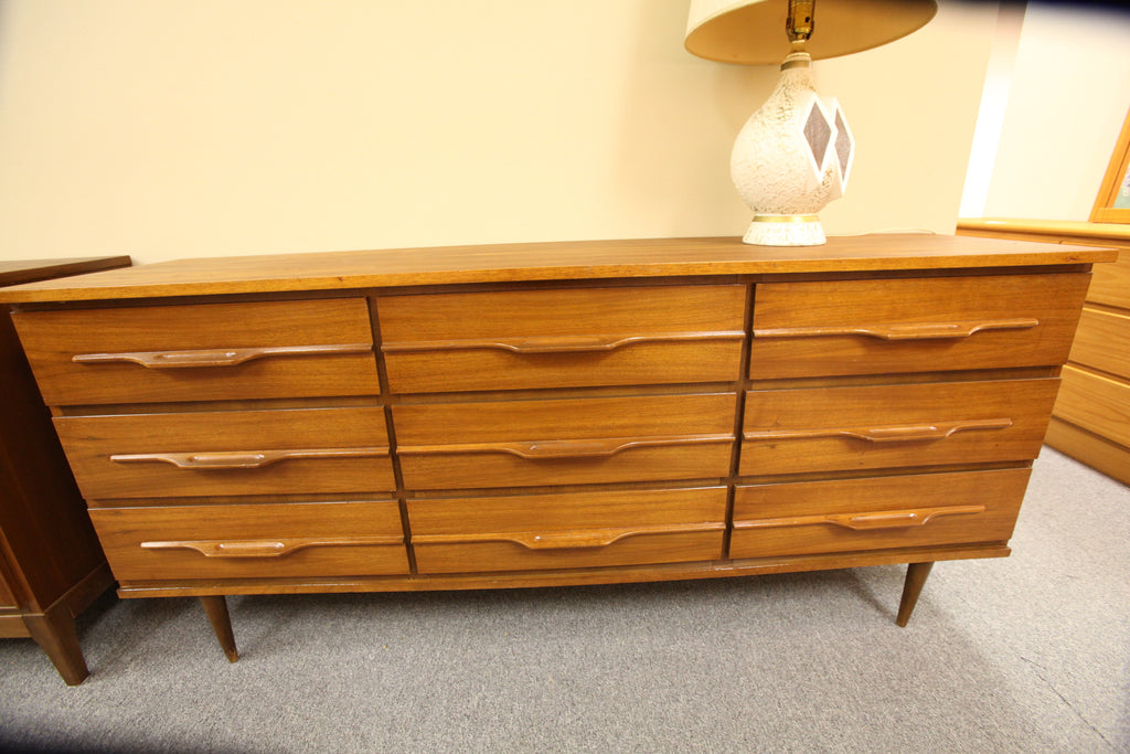 Mid Century Modern 9 Drawer Walnut Dresser (66.25"L x 17"D x 29.75"H)