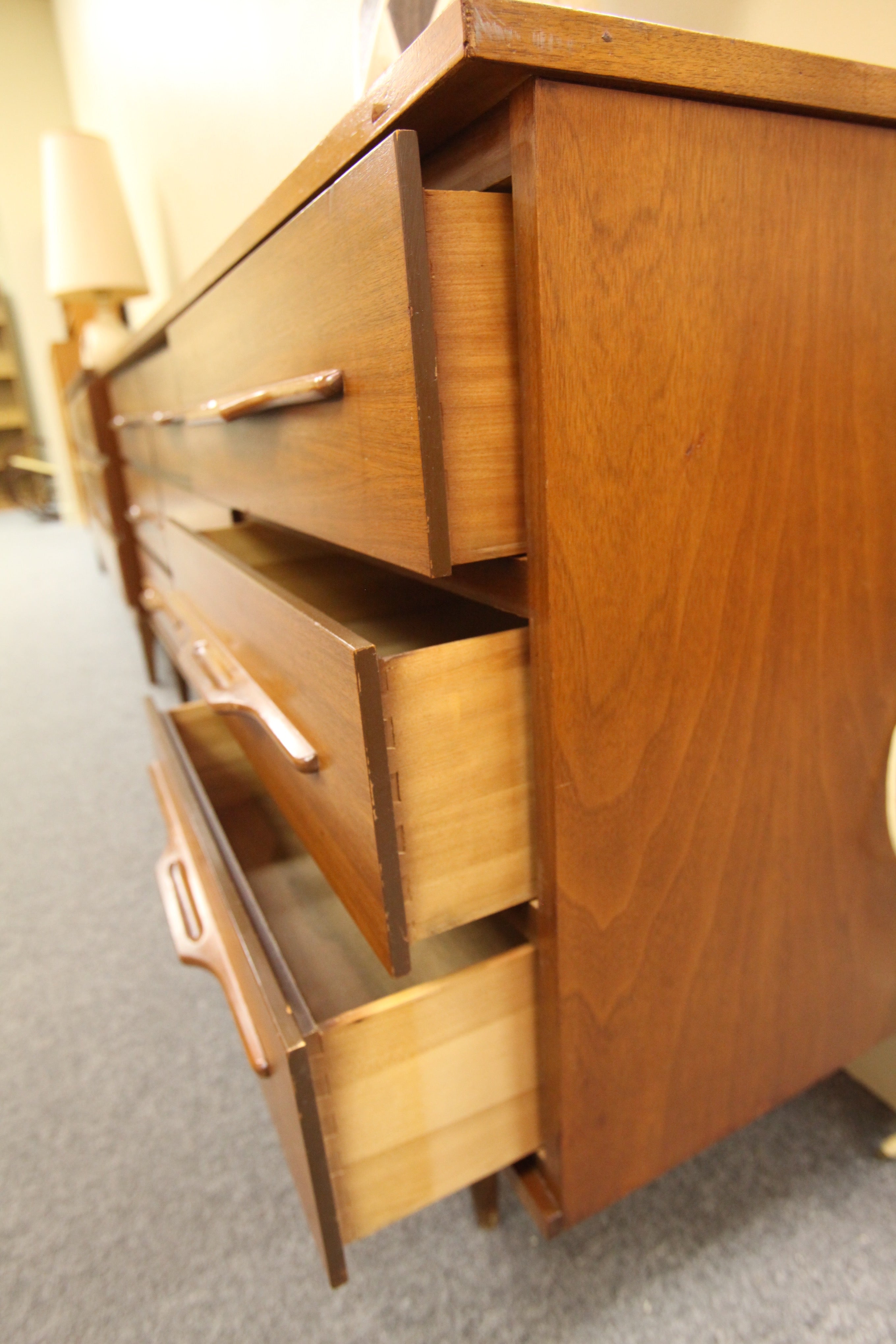 Mid Century Modern 9 Drawer Walnut Dresser (66.25"L x 17"D x 29.75"H)