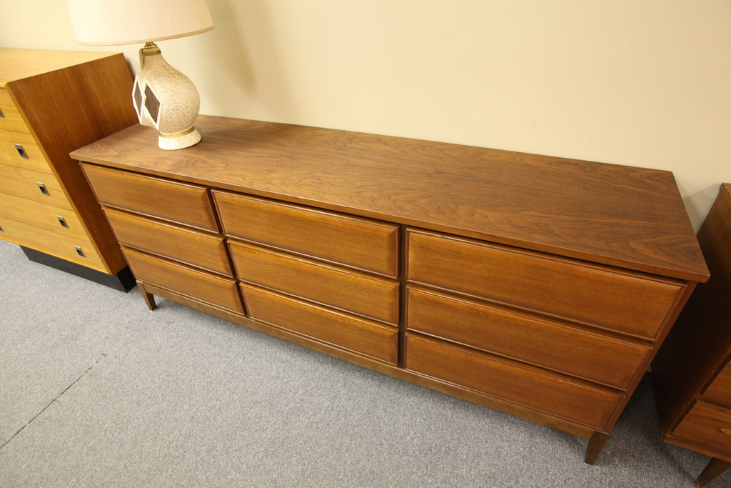 Mid Century 9 Drawer Walnut Dresser (72"L x 18"D x 30.25"H)