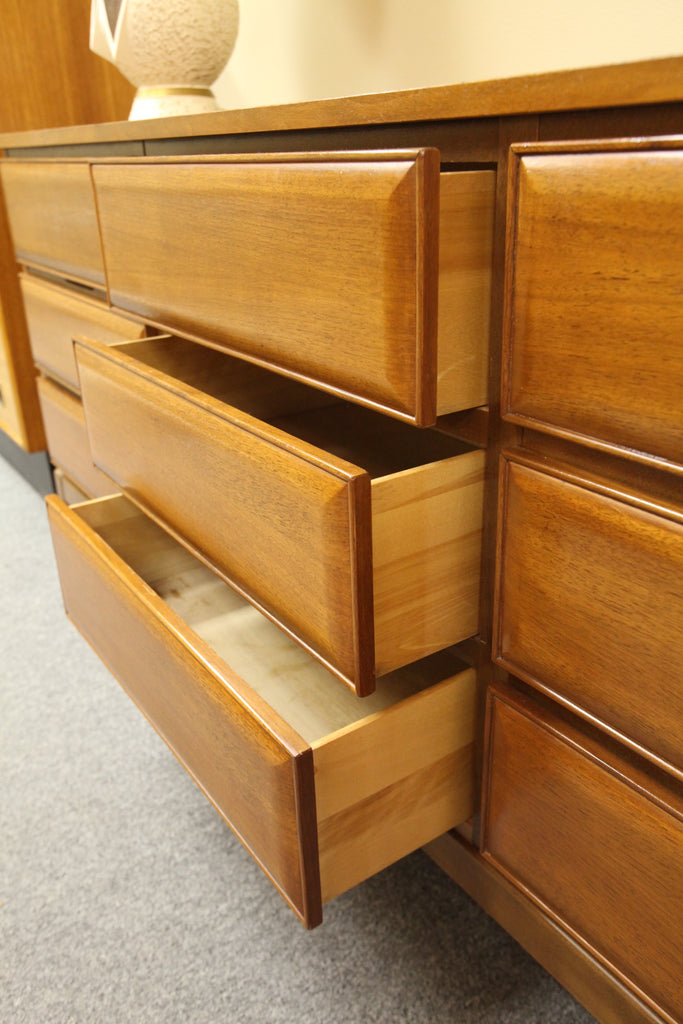 Mid Century 9 Drawer Walnut Dresser (72"L x 18"D x 30.25"H)