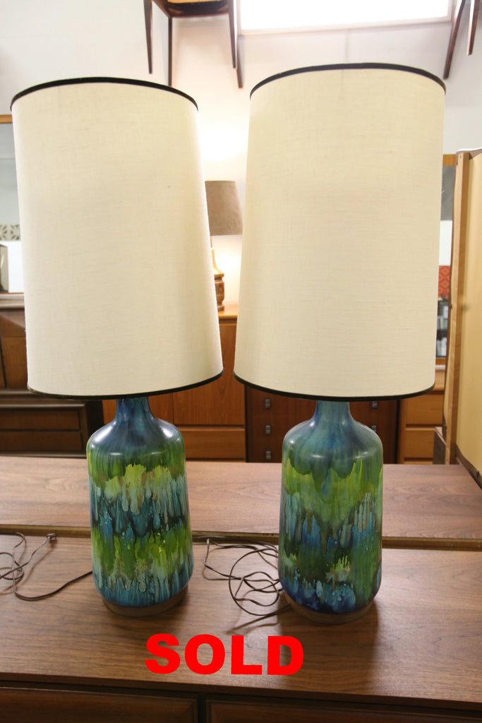 Set of 2 Vintage Water Colour Lamps w/ Wood Trim (40"H x 15" Dia.)