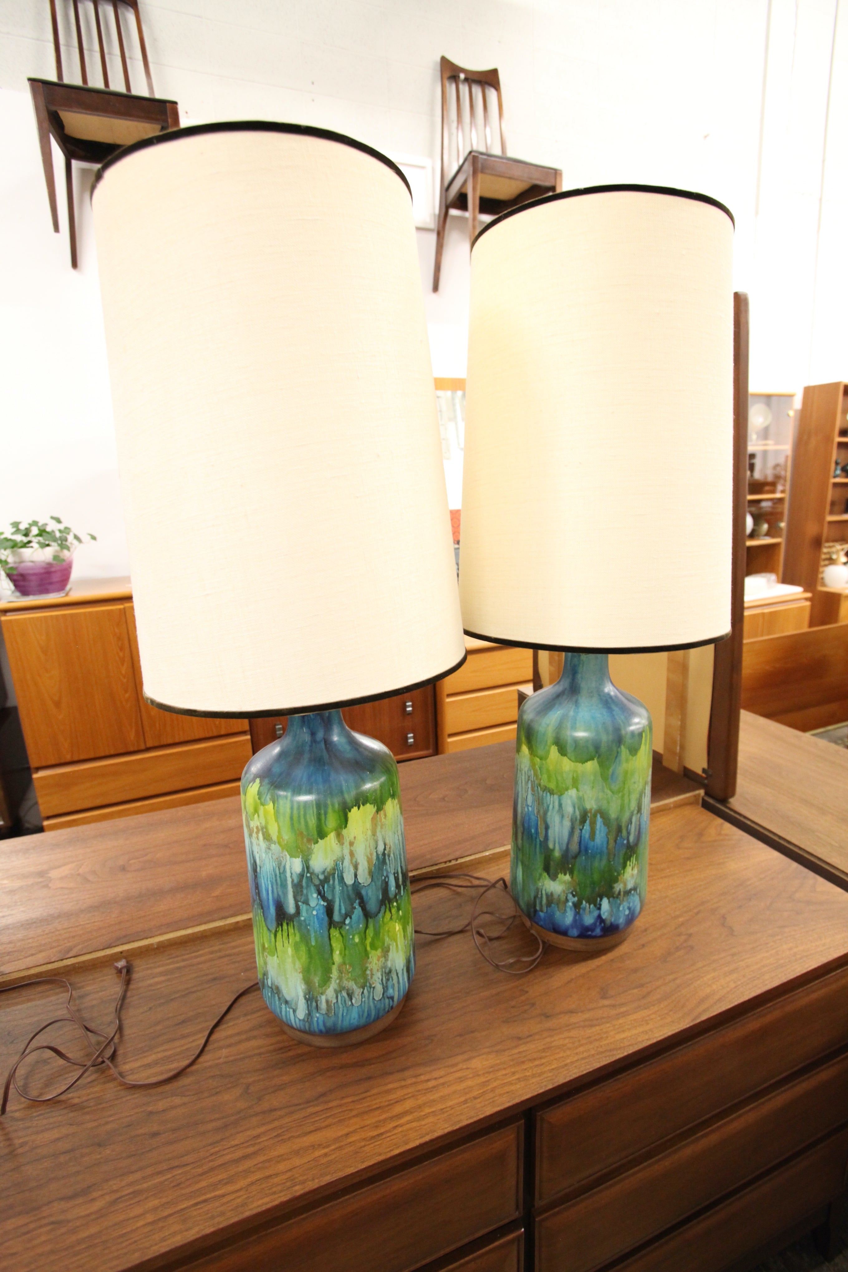Set of 2 Vintage Water Colour Lamps w/ Wood Trim (40"H x 15" Dia.)