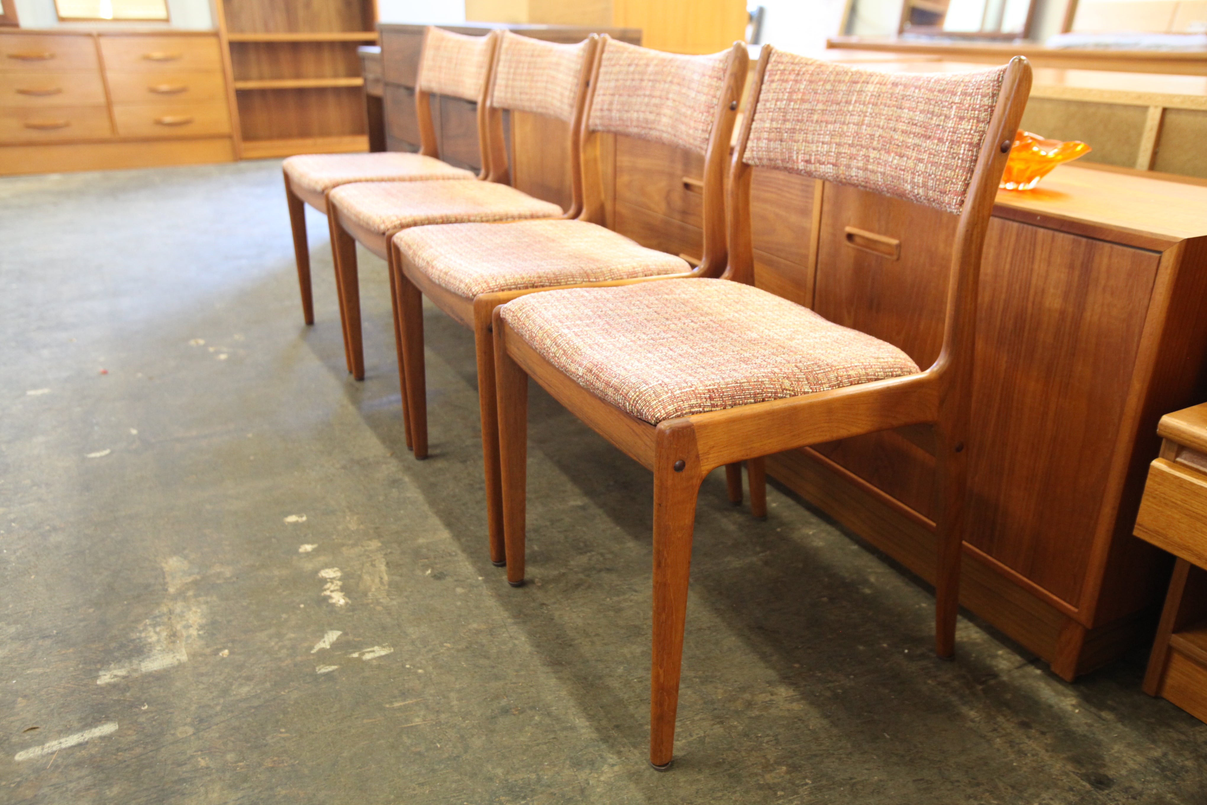 Set of 4 Vintage Teak Dining Chairs. (new fabric)