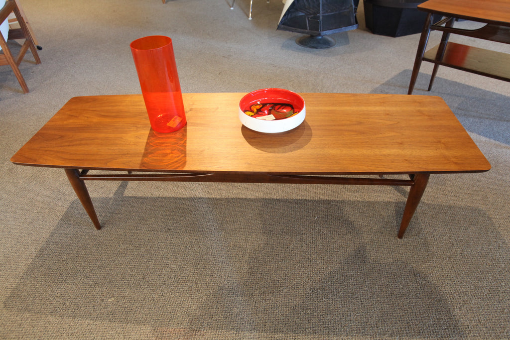 Mid Century Modern Walnut Surfboard Style Coffee Table (59.5"L x 19.5"W x 15"H))