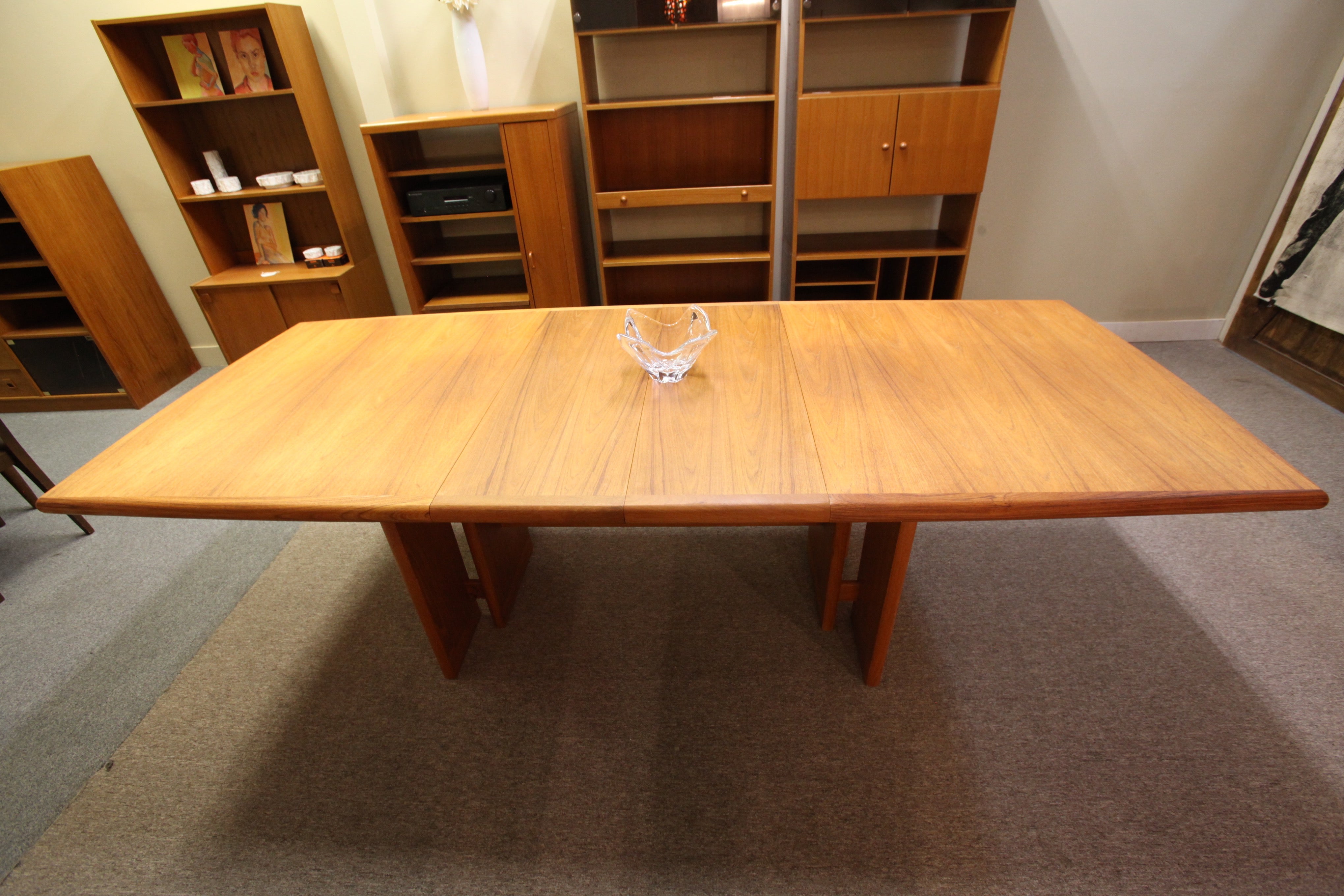 Fabulous Large Teak Dining Table w/ 2 Leafs and unique Base (100"x41" x 29"H) or (71.5" x 41")