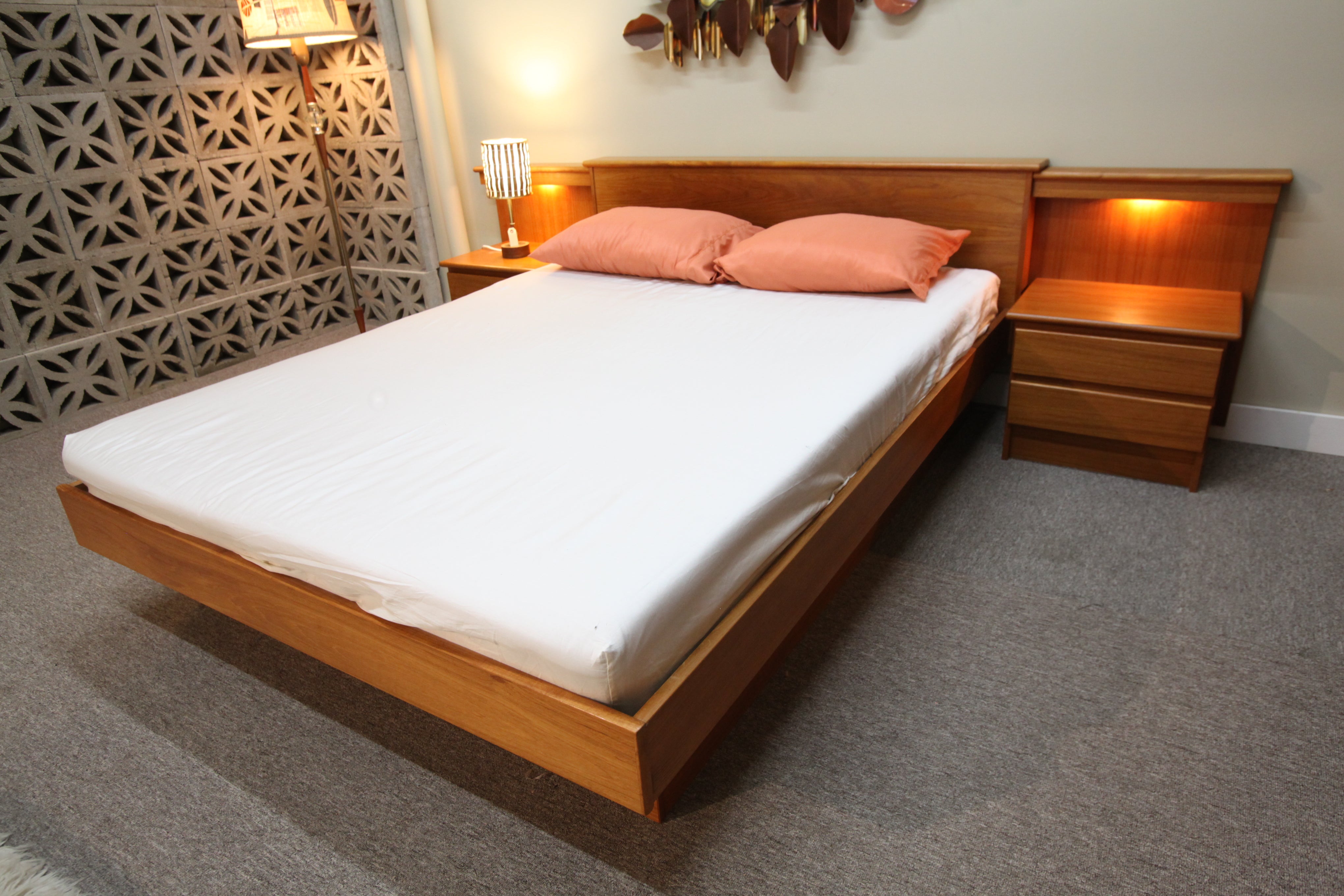 Queen Size Mid Century Teak Bed w/ Night Stands (112.75"W x 86"L)