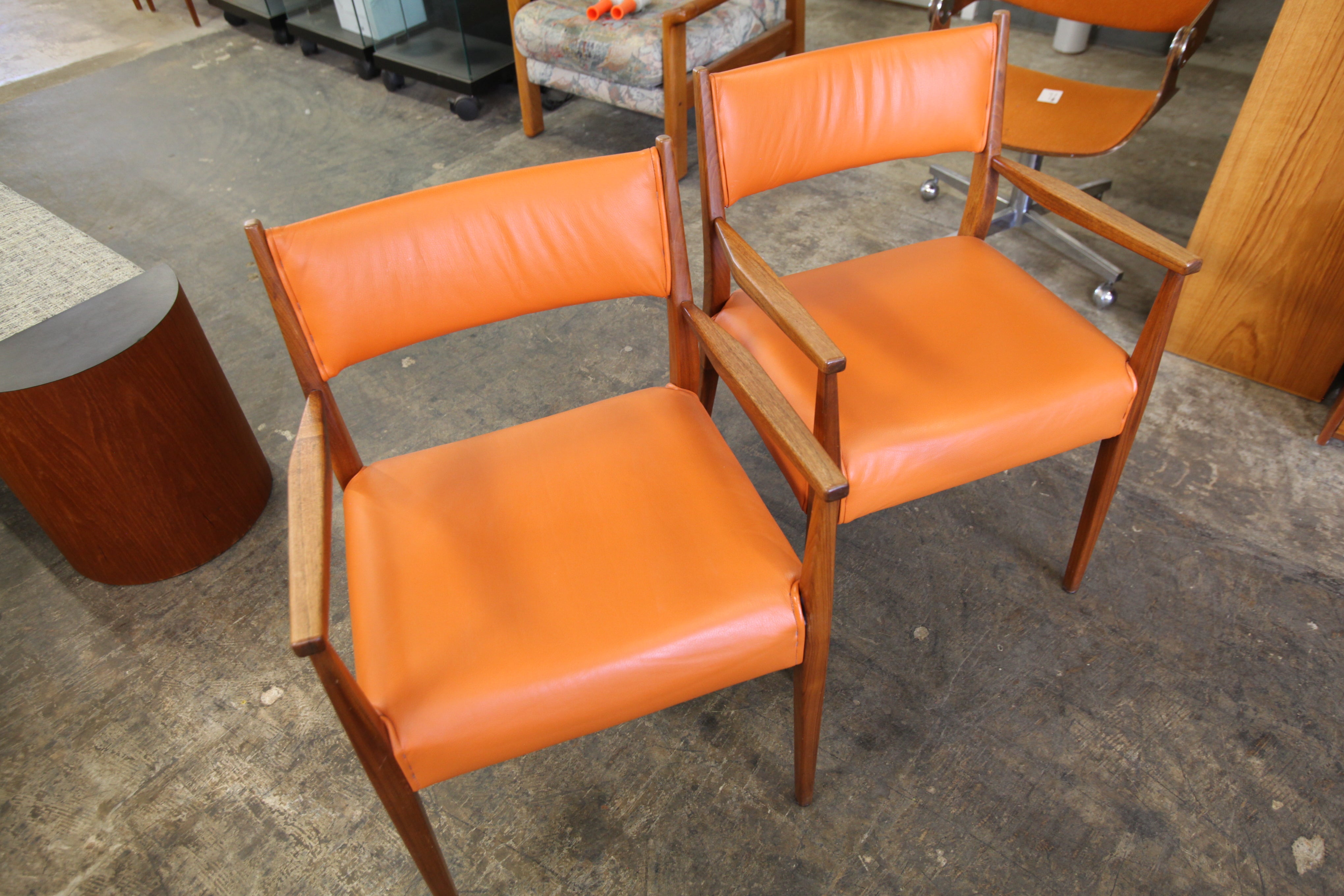 Vintage Walnut Chair Redone in Orange Leather (21.5"W x 20"D x 33.25"H)