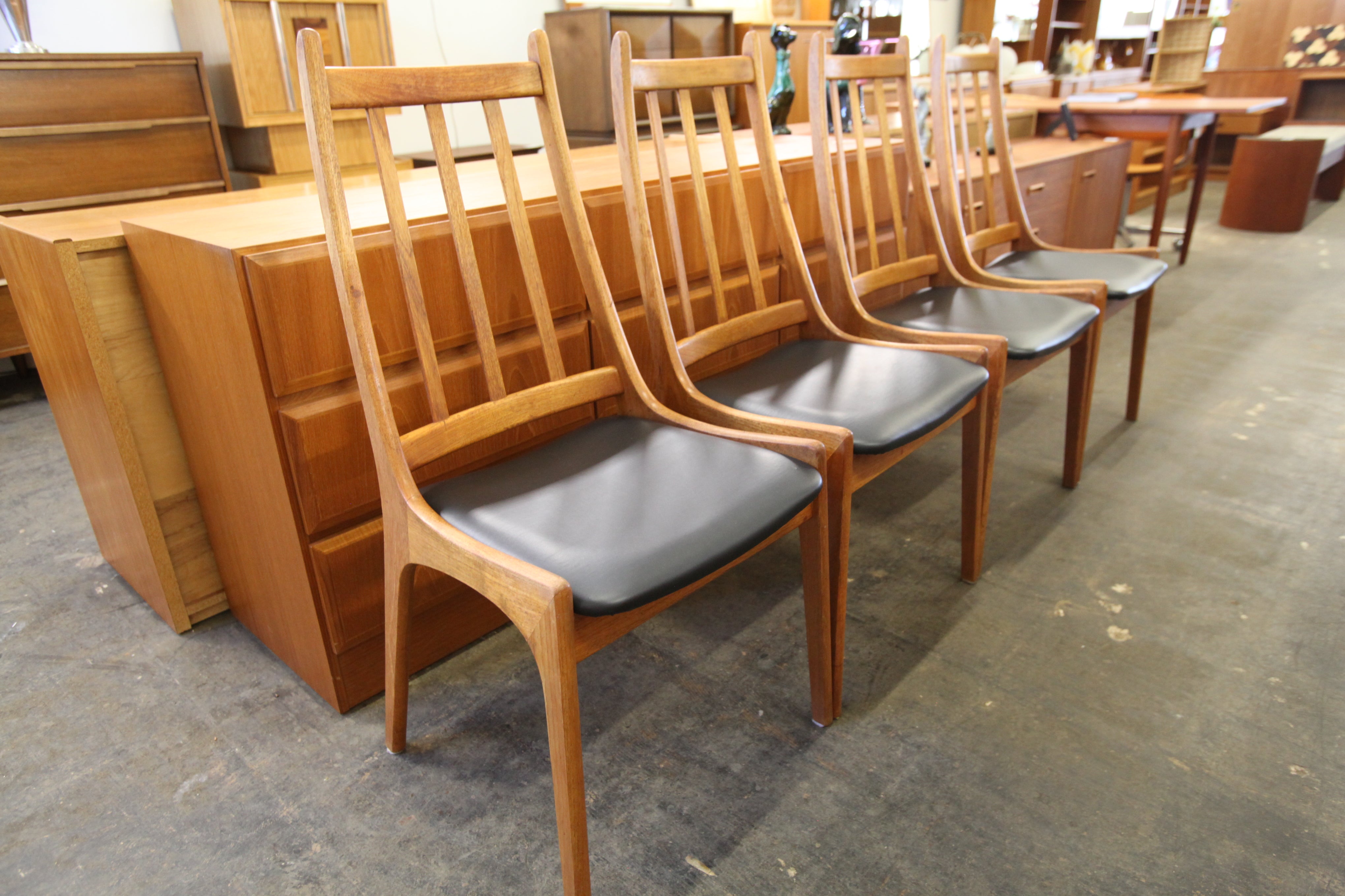 Set of 4 Vintage Teak High Back Dining Chairs (18"W x 20"D x 39.25"H)