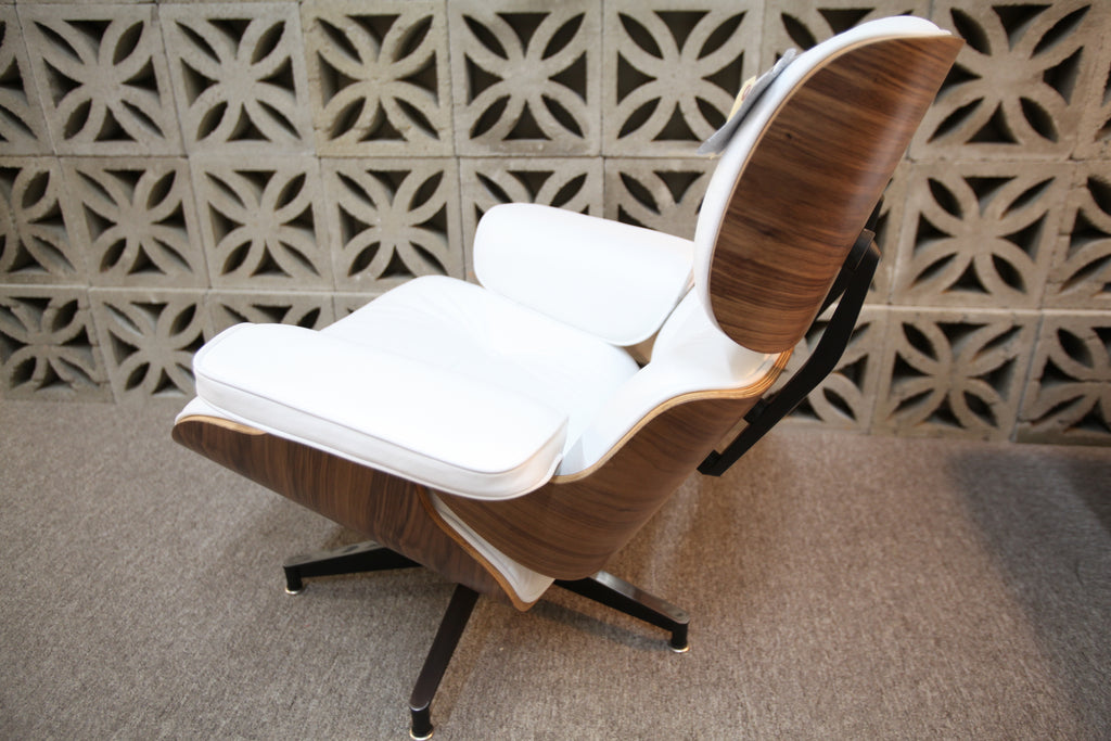 Eames Replica Leather Lounge Chair and Ottoman (Wht Leather / Walnut Wood)