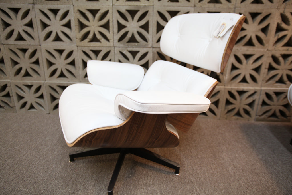 Eames Replica Leather Lounge Chair and Ottoman (Wht Leather / Walnut Wood)
