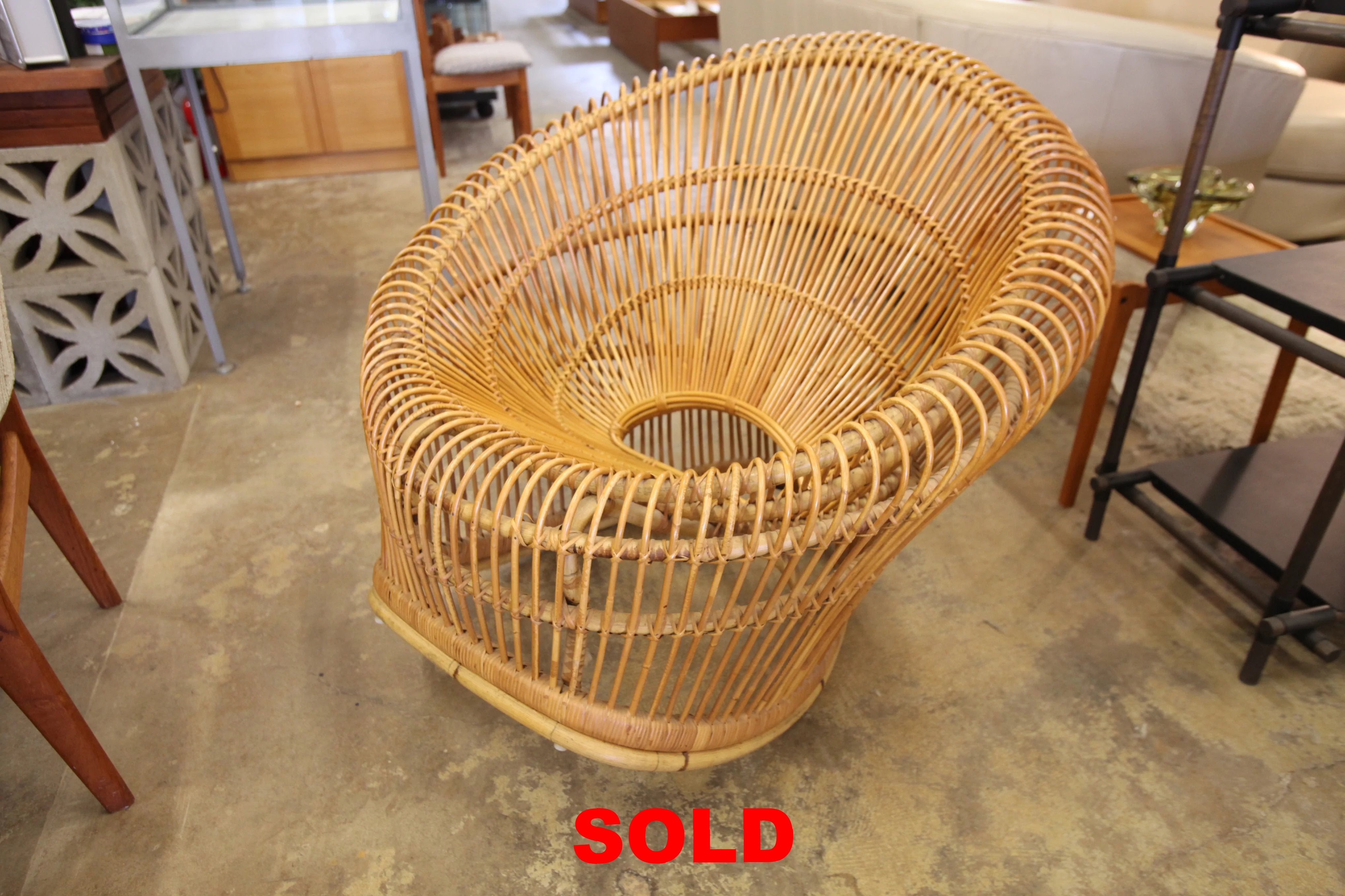 Unique Vintage Circular Wicker Chair Likely by Franco Albini (41"W x 41"D x 32.75"H)
