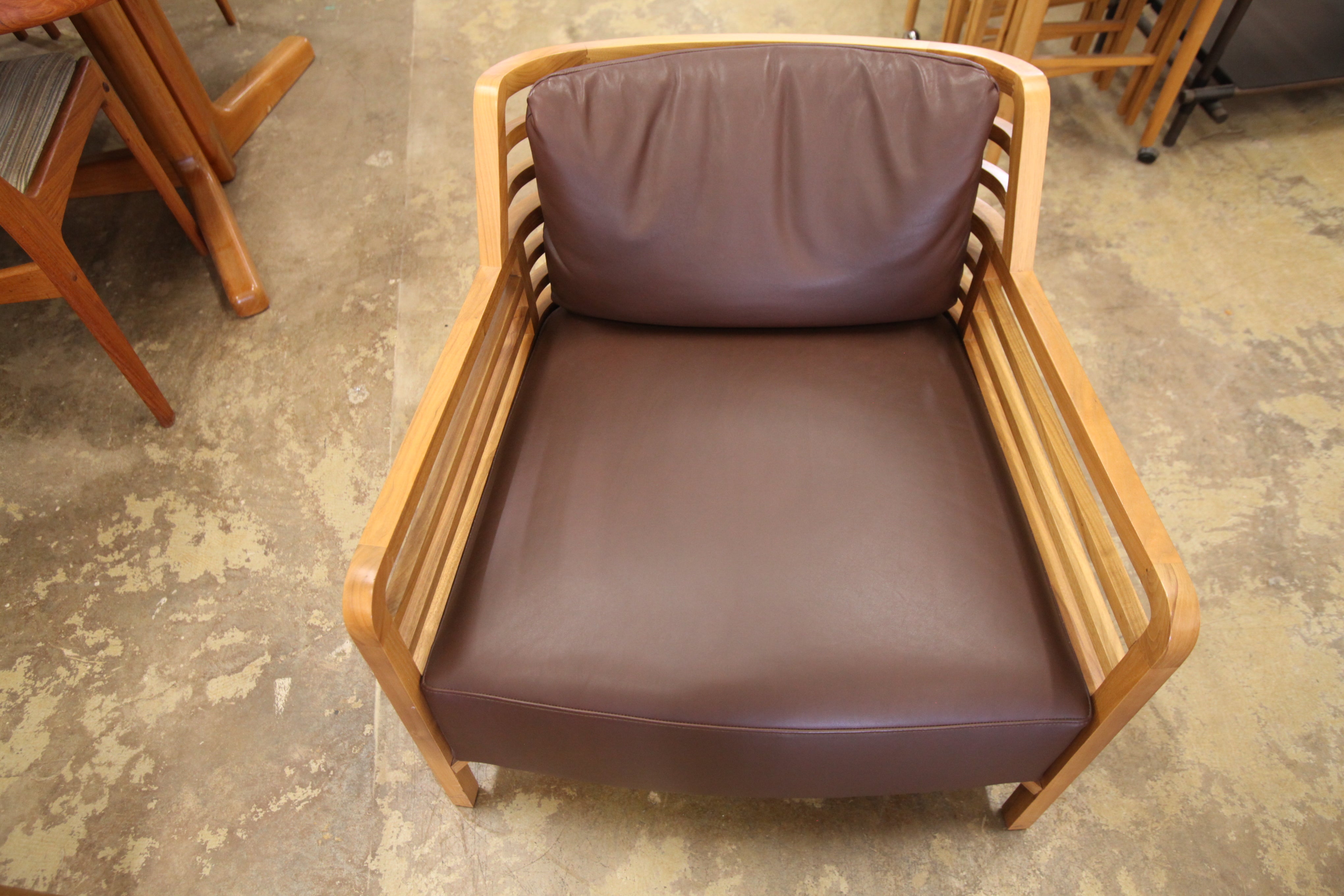 Rare Ligne Roset "FLAX" Chair In Walnut Wood / Brown Leather (30"W x 25"H x 31"D)