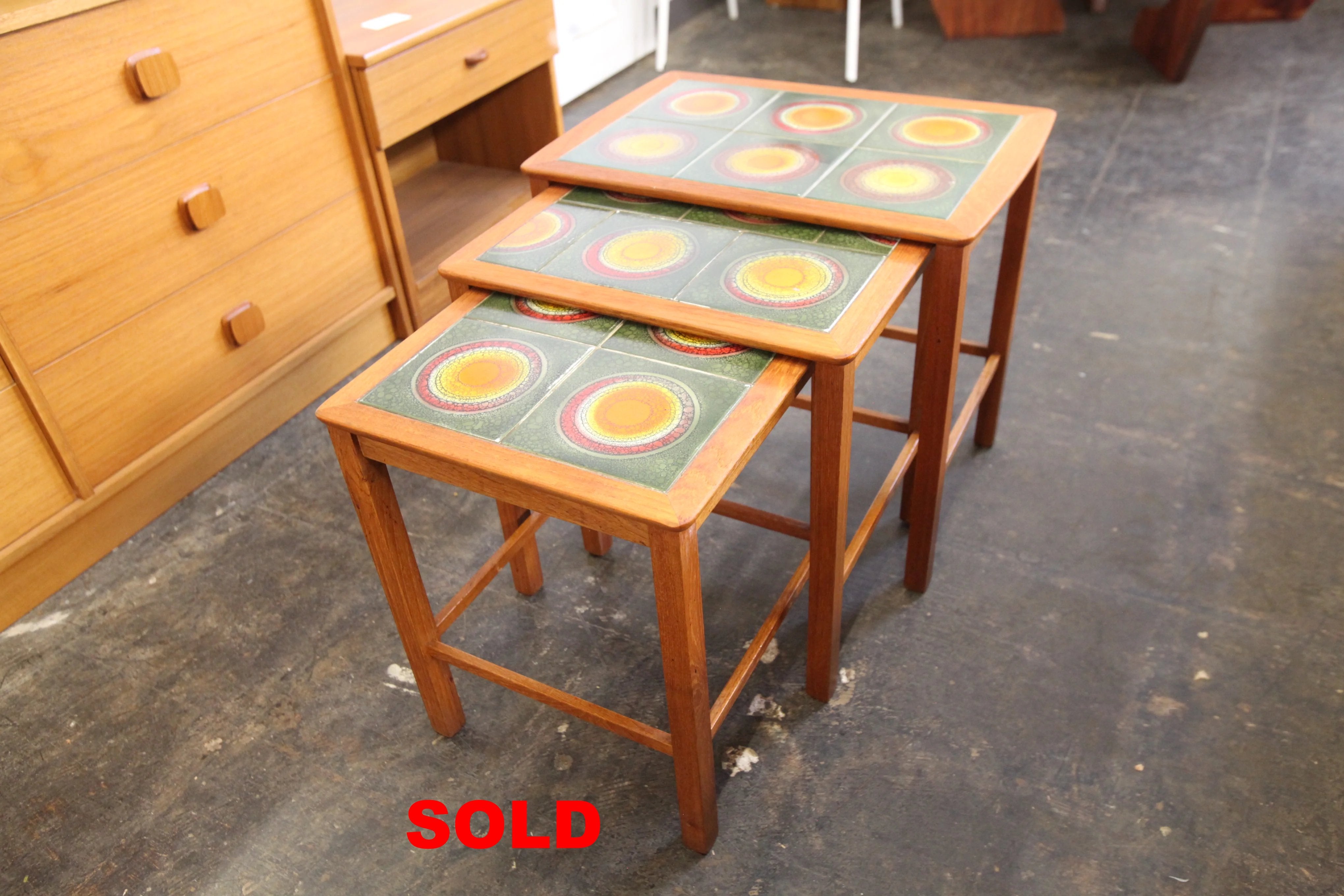 Vintage Teak & Tile 3 piece Nesting Table Set (21.25" x 14.75" x 19"H)