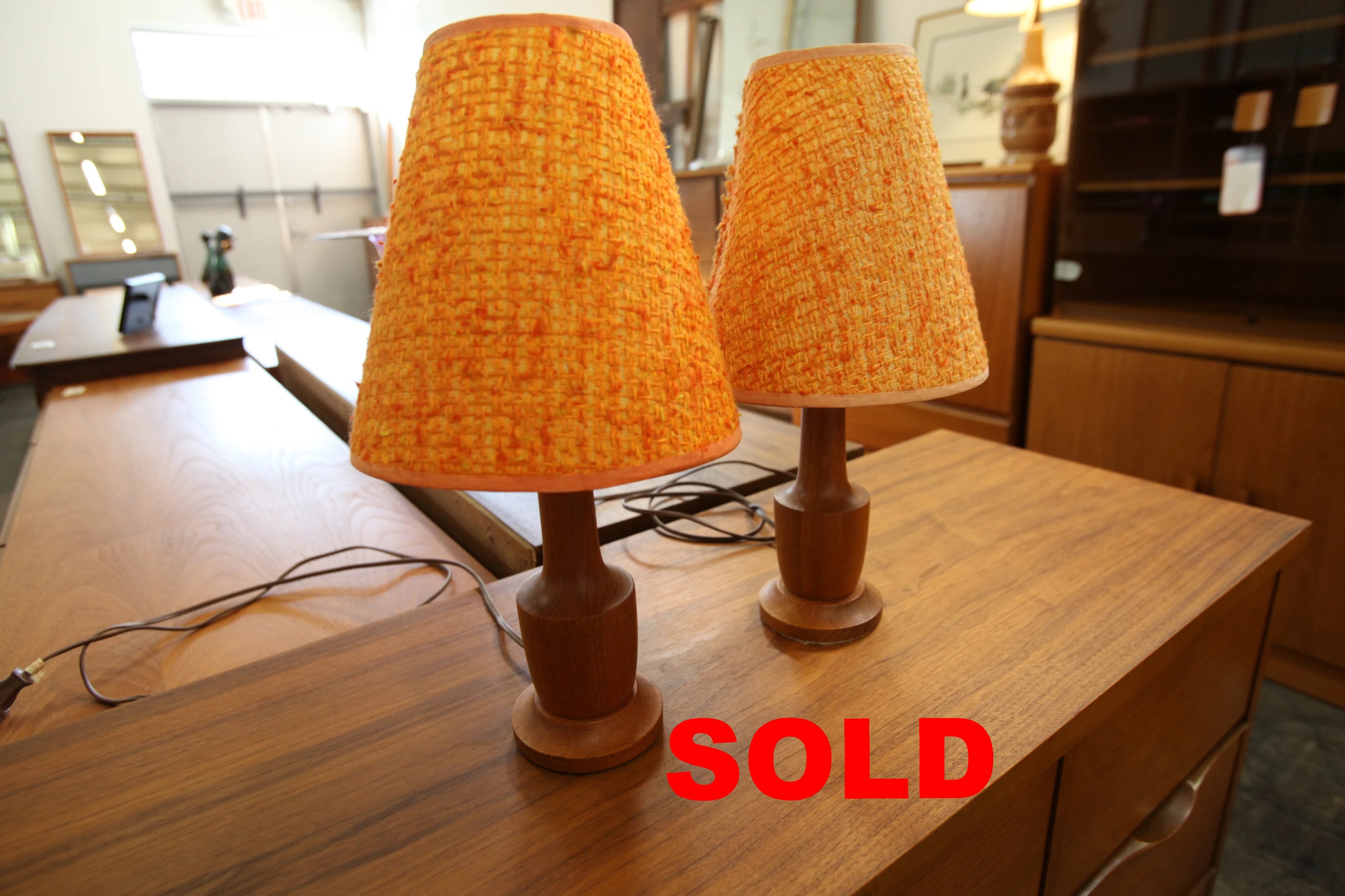 Set of 2 Small Vintage Teak Table Lamps (8" Dia. x 15.75"H)