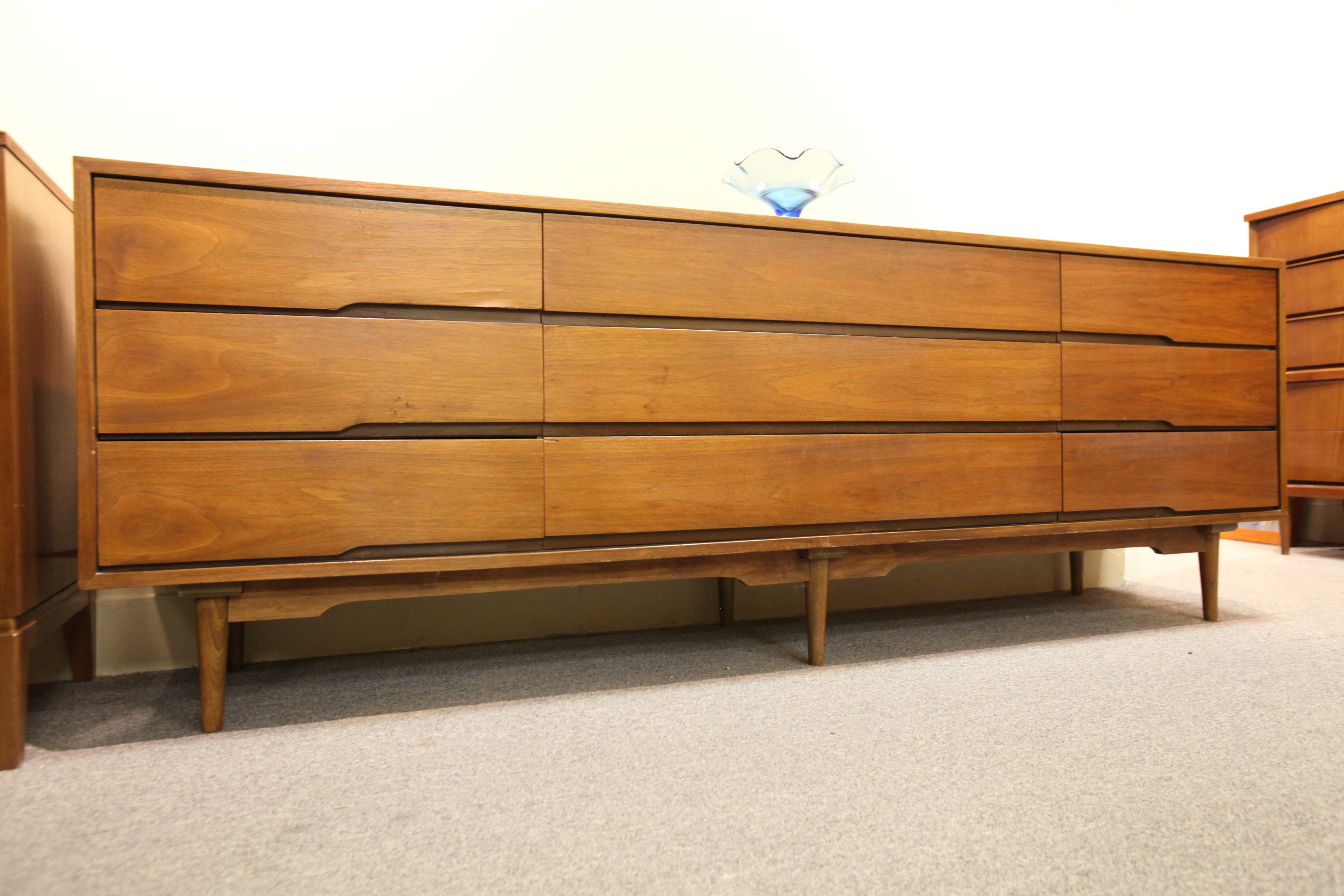Long Vintage Walnut 9 Drawer Dresser (84"L x 18"D x 29.25"H)
